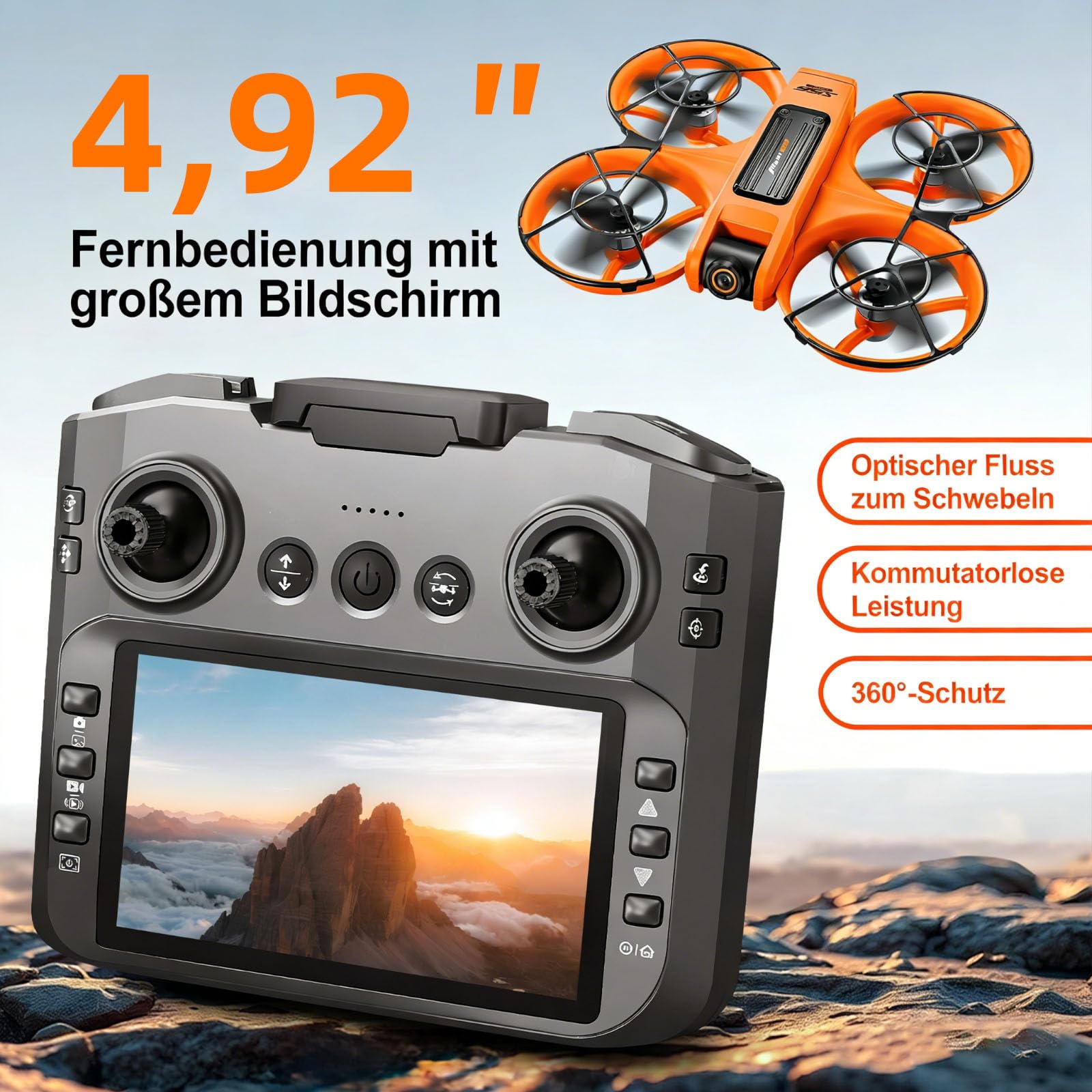 Drohne mit 4,9-Zoll-Bildschirm-Fernbedienung, HD-Dual-Kamera, bürstenlosem Motor, 360° Flips, optischer Flusspositionierung, Ein-Tasten-Start, 2 Batterien und SD-Karte, geeignet für Anfänger