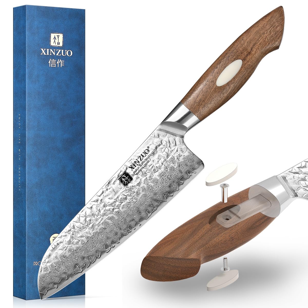 XINZUO 18.5cm Cuchillo Santoku Japonés AUS-10 Acero Damasco,Patrón Martillado Cuchillo de Cocina para Verduras,Forjado a Mano Cuchillo de Cocinero Chef Multifuncional-Mango de Madera de Nogal Negro