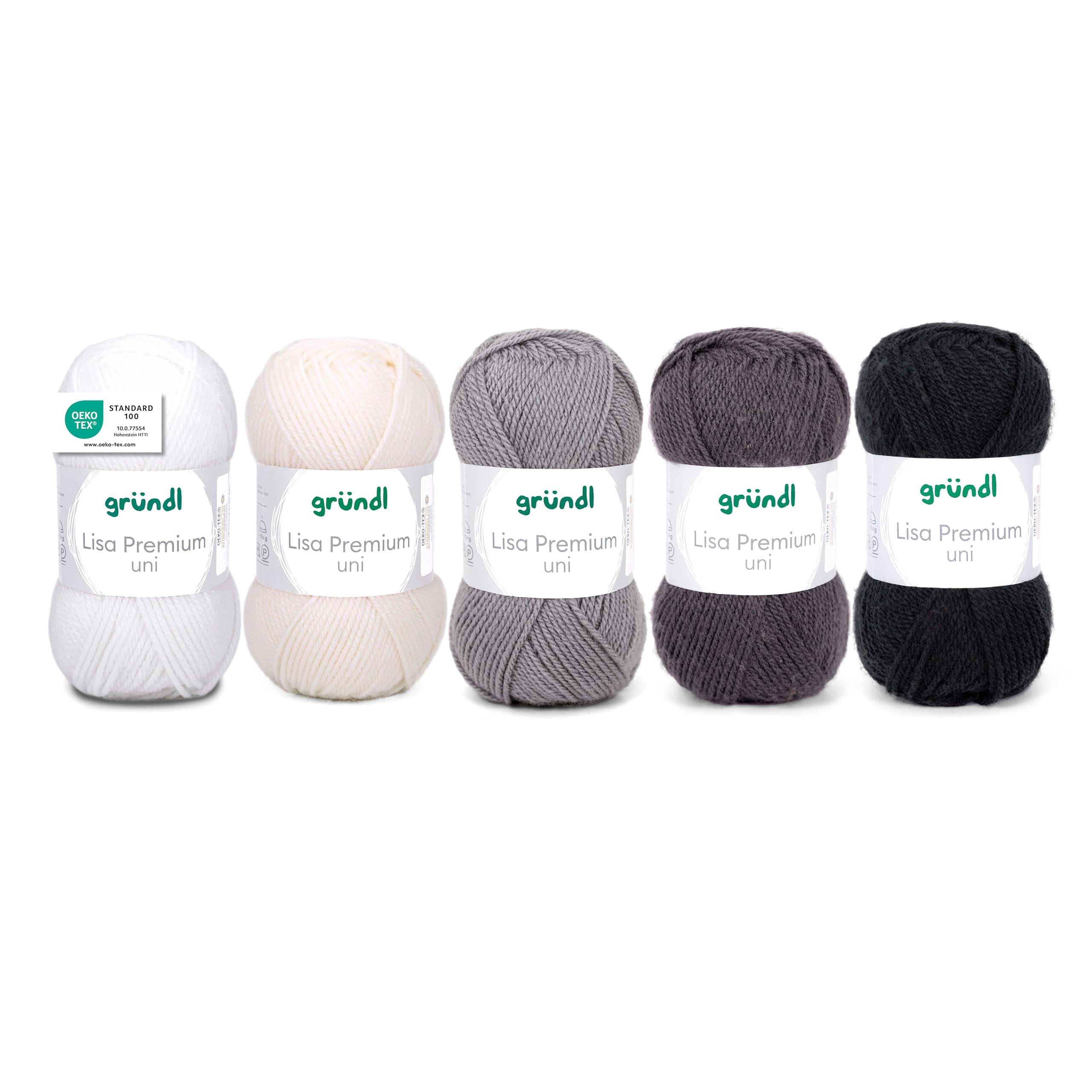 Gründl Wolle Lisa Premium Plain - Yarn for Knitting - Knitting Yarn - Crochet Yarn - Soft and Skin Friendly - 100% Polyacrylic 5 Balls 50 g / 133 m - Needle Size 3.5-4.5 - White/Grey/Black