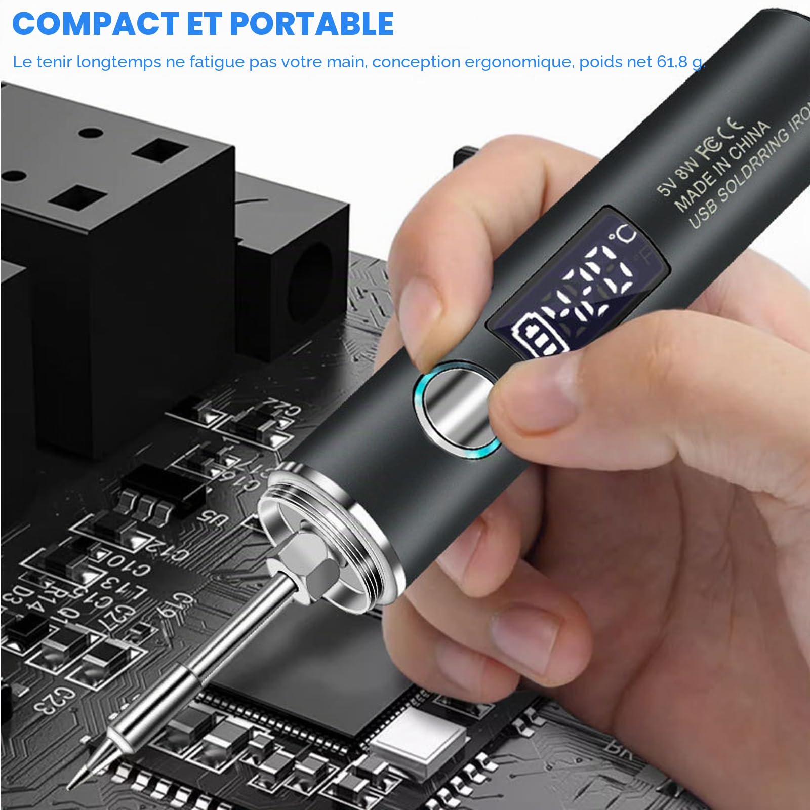 Kit de fer à souder sans fil, portable, rechargeable par USB, avec mode d'éclairage, LCD et 2 pointes interchangeables, 8 W, 5 températures réglables (260 ℃ à 420 ℃) pour réparer le soudage