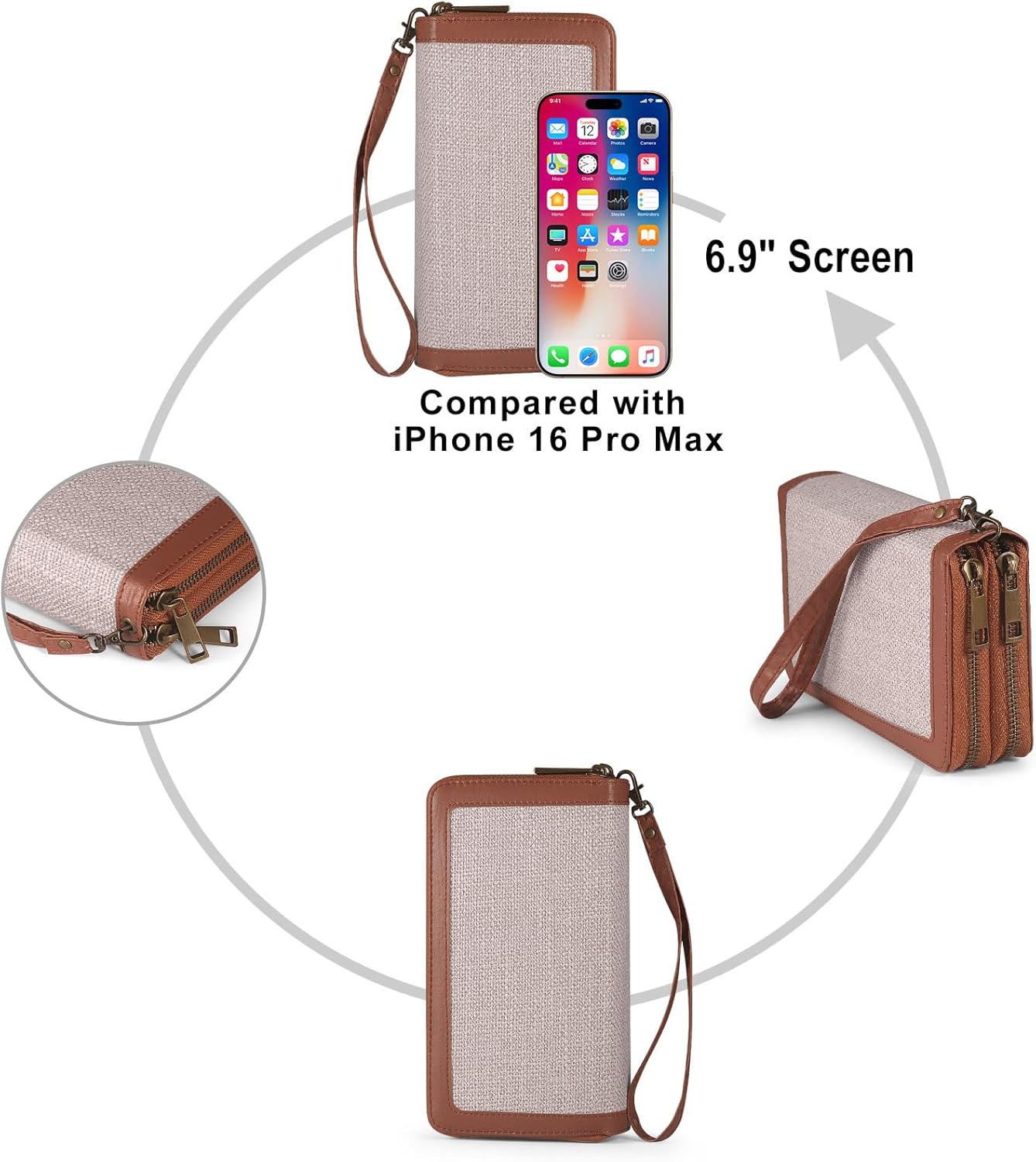Double Zipper Wallet RFID Blocking Cellphone Wristlet for Women Large Capacity Multi Card Clutch Purse with Removable Strap, Grey Linen Brown - Image 6