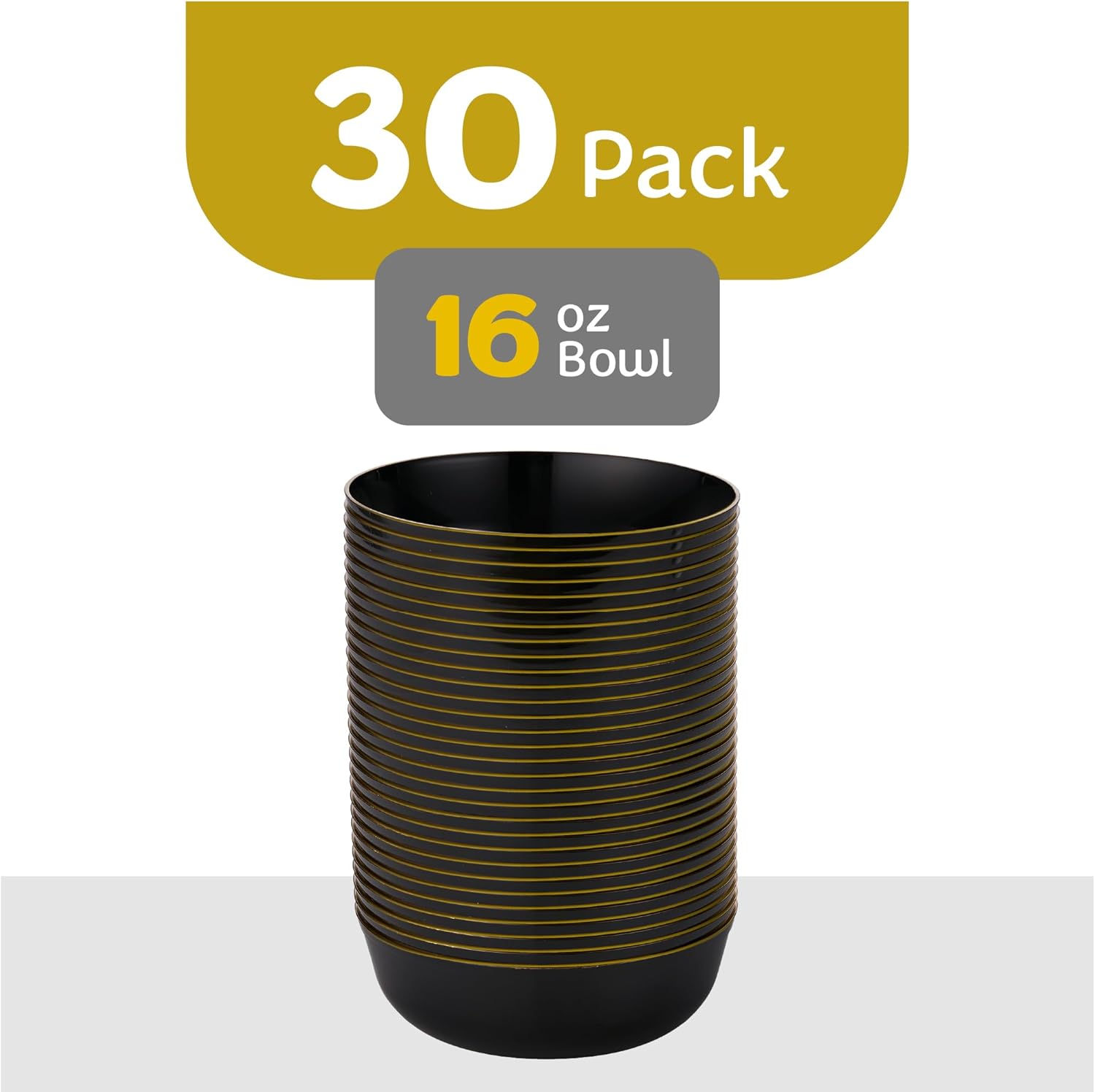 [30 Pack 16 OZ Bowls] Edge Collection Black with Gold Rim Plastic Party Soup Bowls Premium heavyweight Elegant Disposable Tableware Dishes - Image 4
