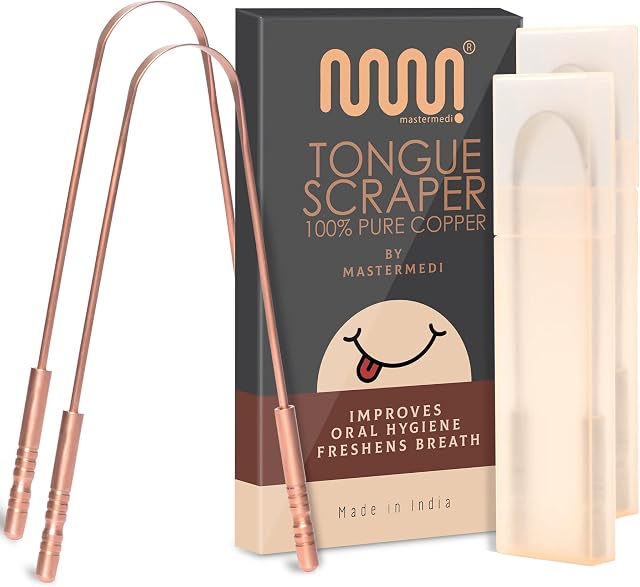 MasterMedi 100% Pure Copper Tongue Scraper with Travel Case - 2 Pack, Natural Ayurveda Tongue Cleaner for Fresh Breath & Oral Hygiene | Eliminates Bad Breath, Easy to Use Good Grip Comfortable Handle