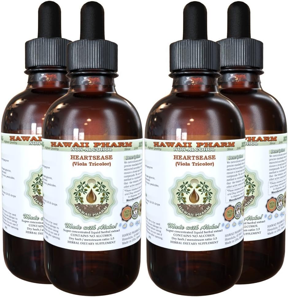 Hawaii Pharm Heartsease Alcohol-Free Liquid Extract, Heartsease (Viola Tricolor) Dried Leaf and Flower Glycerite Natural Herbal Supplement 4x4 oz