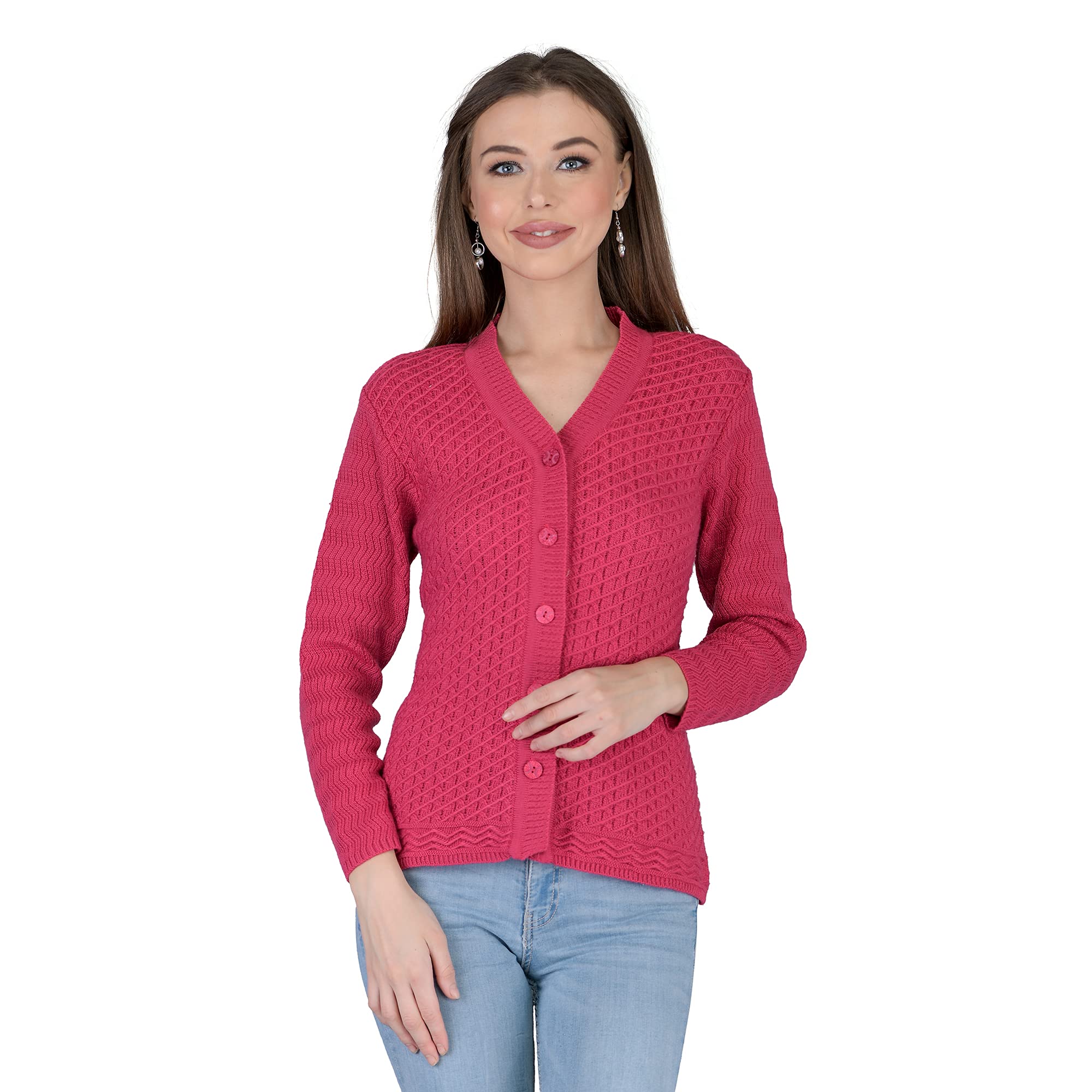 lady willington Women's Woolen V-Neck Self Design Cardigan, Heavy Daffodil Fabric, Winter Wear, Pure Wool, Free Size Long Cotty, Fully Warm (3XL, Magenta)-picture-22