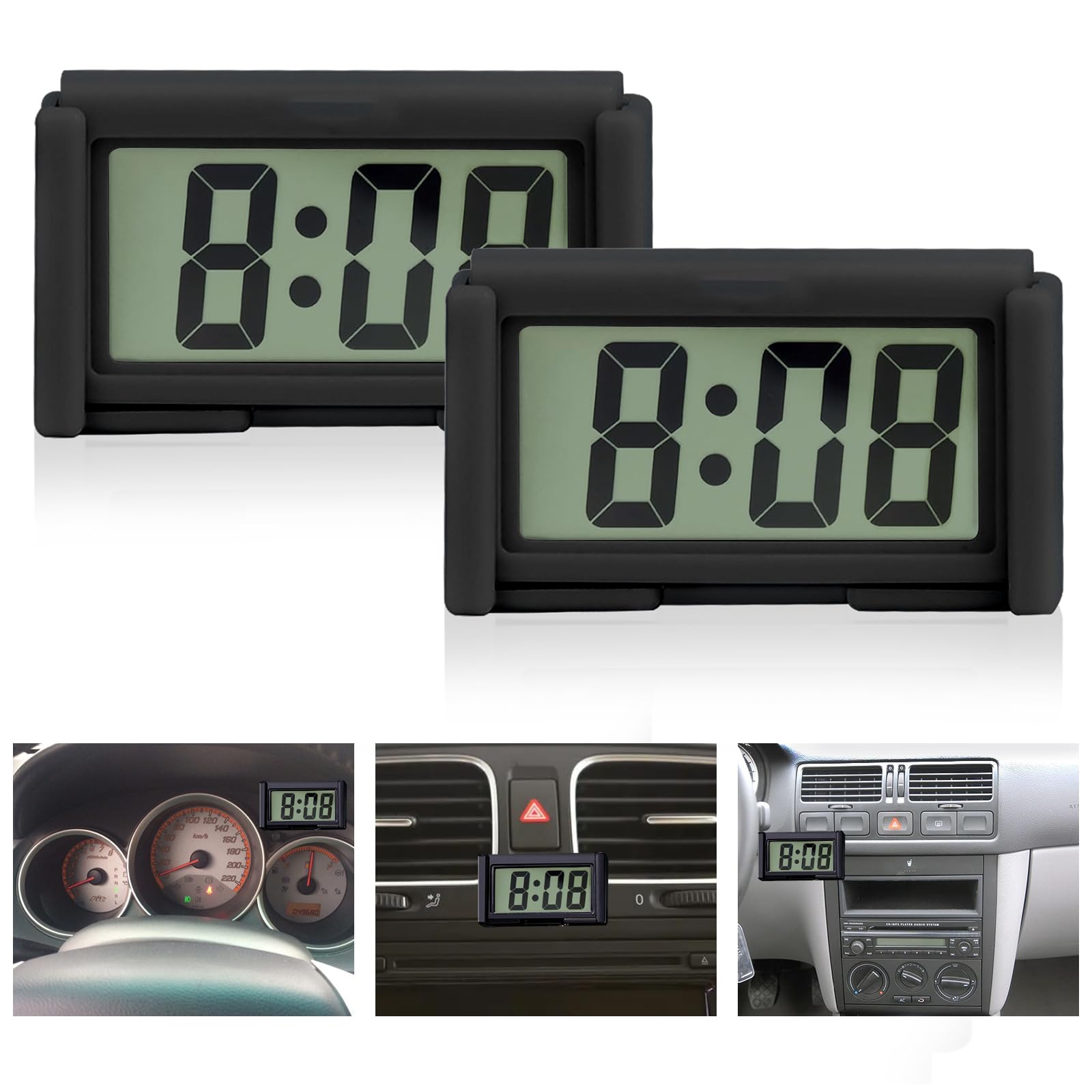 Car Dashboard Clock - Small Digital Clock with Jumbo LCD Time & Day Display - Mini Automotive Instrument Panel Clock Gauges (Black-2p)-image-21