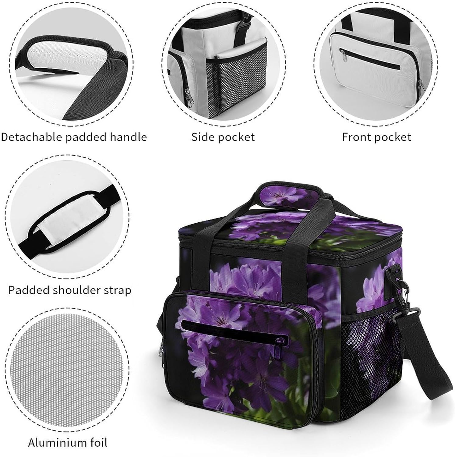 Large-Capacity Oxford Cloth Purple Flower Printed Camping Ice Bag, Outdoor Portable Insulation and Cold Storage Bag, Enjoy A Cool Camping Time