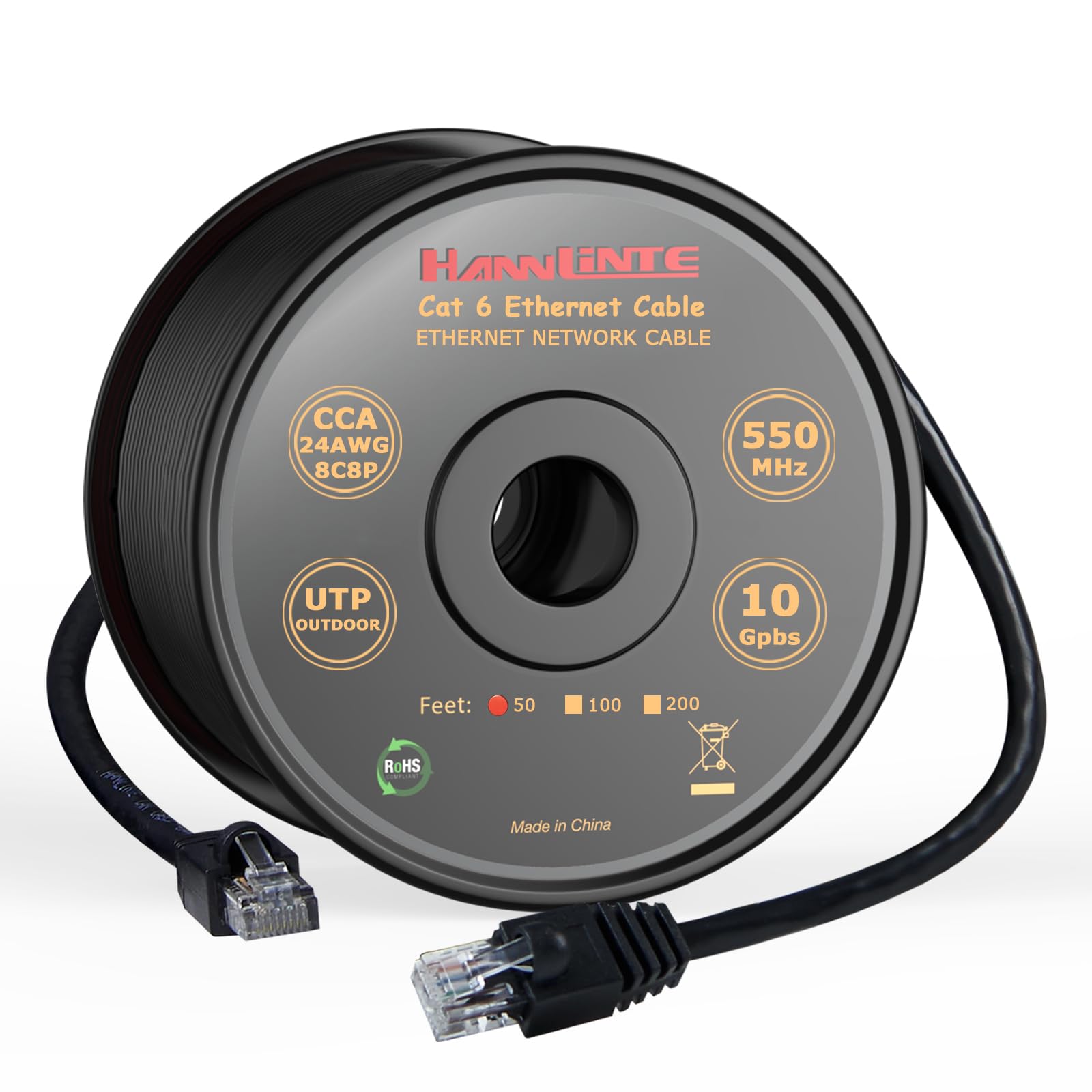 HANNLINTE Cat 6 Outdoor Ethernet Cable 50FT CCA Copper Clad, Waterproof, Direct Burial, UV Jacket, Network, Internet, Cat 6 Patch Cable, Cat6 Cable, Compatible with Personal Computer - Black 50 Feet