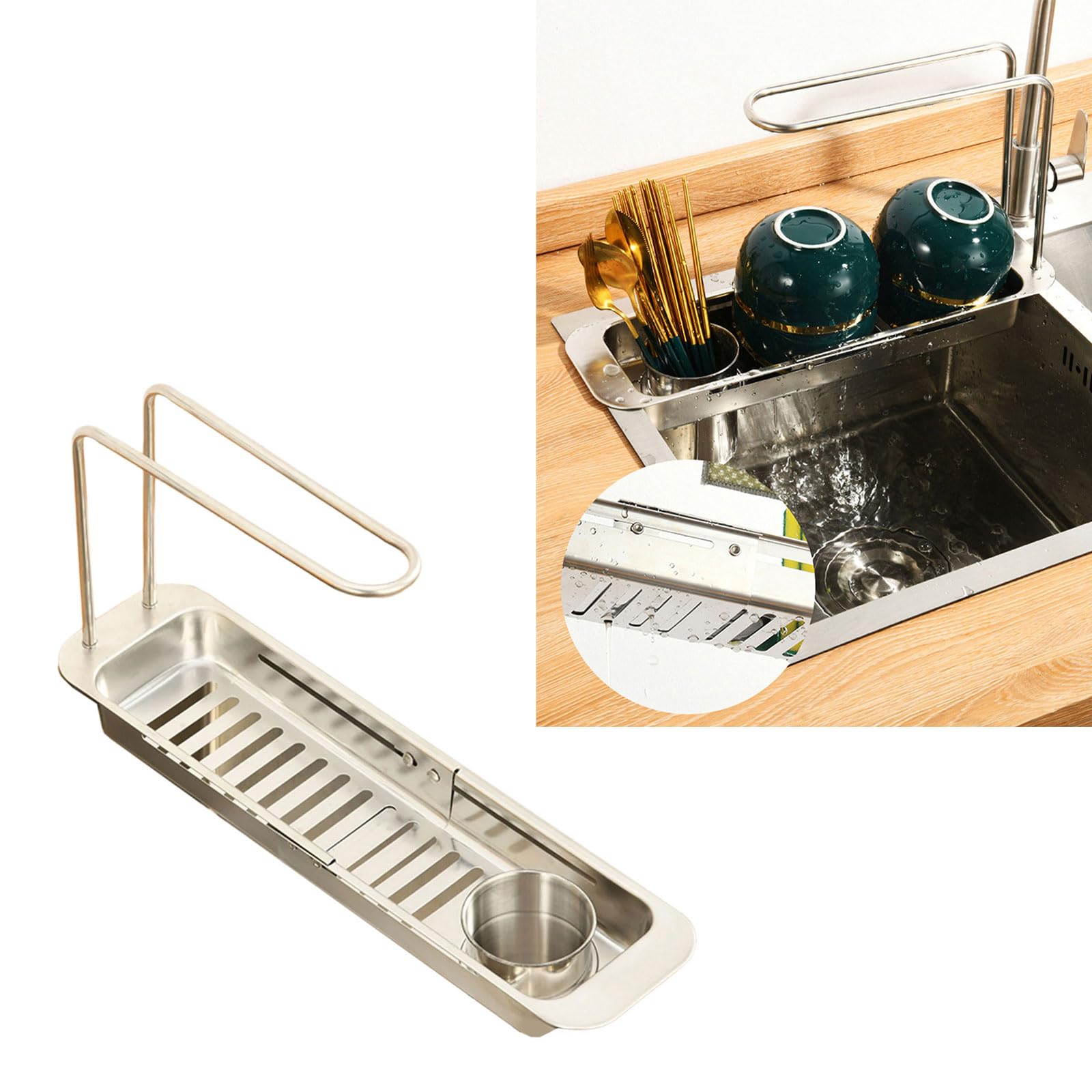 Cestino da cucina estensibile sopra il lavello, cestino da cucina in acciaio inox con design a doppio strato per un'organizzazione ottimale, portaoggetti multifunzionale per lavello