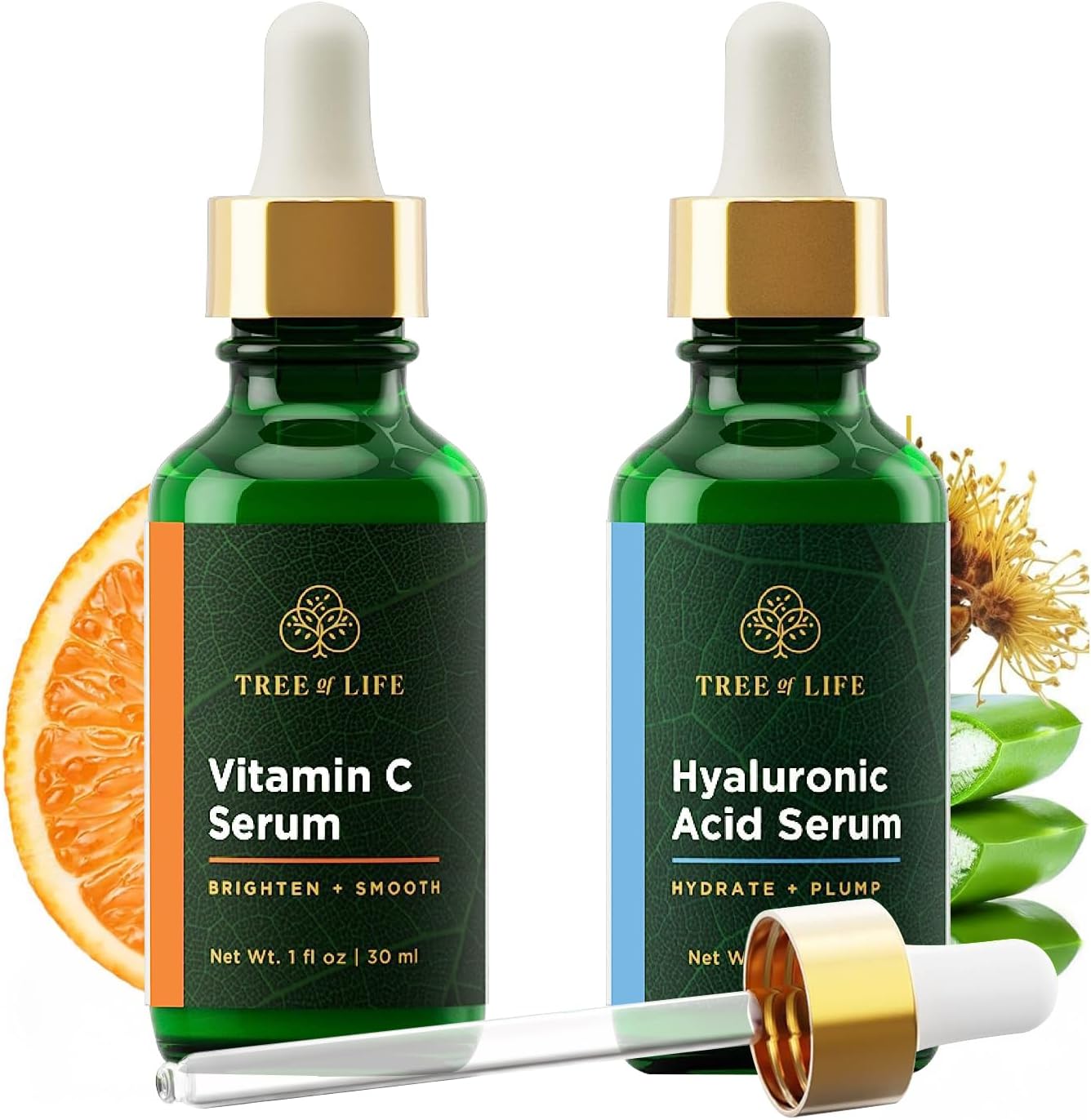 Vitamin C and Hyaluronic Acid Facial Serum Duo, Smoothing and Renewing, Dermatologist-Tested - 2- Skin Care Set