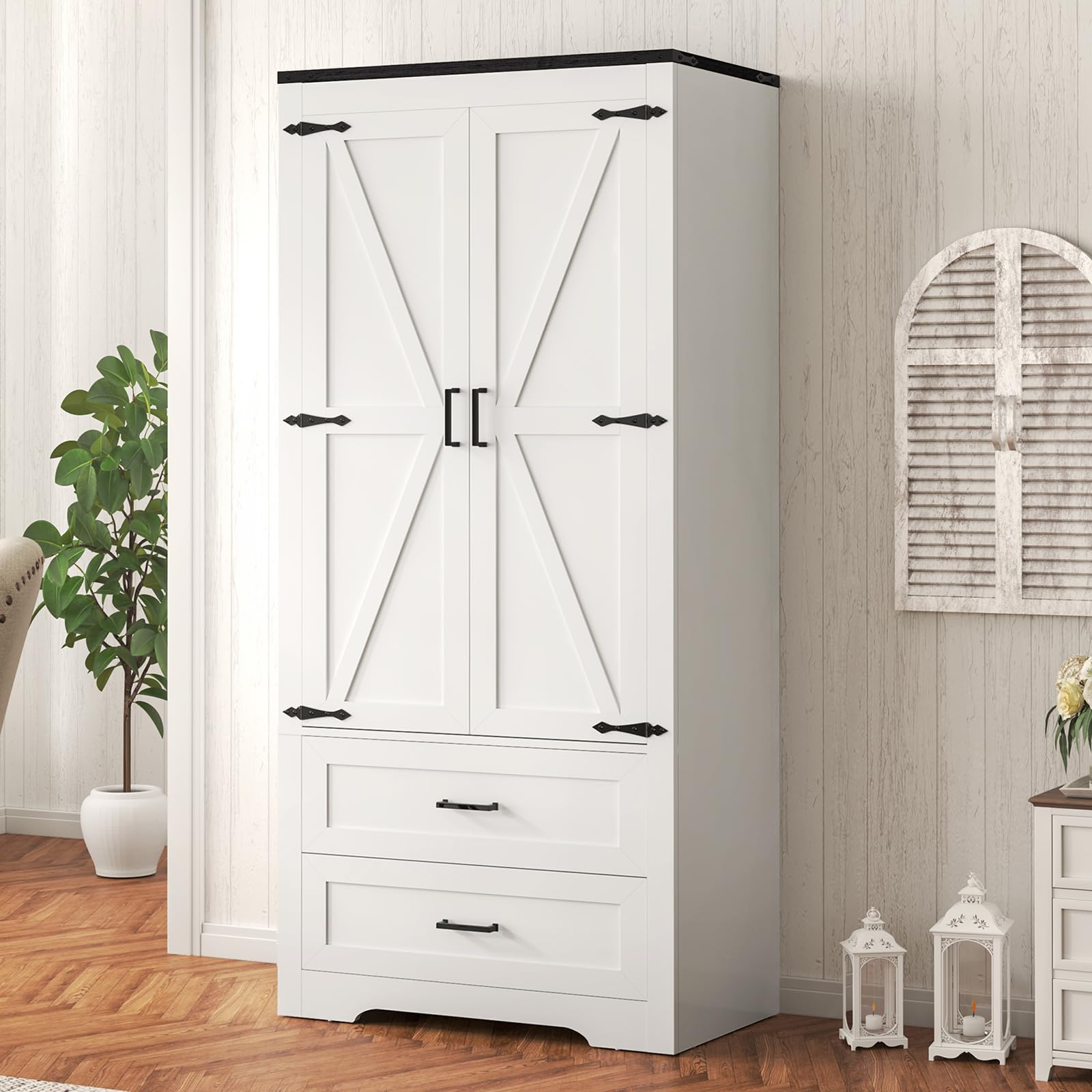 Quimoo 71" Pantry Cabinet, Farmhouse Kitchen Storage Cabinet with 2 Barn Doors & Adjustable Shelves, Kitchen Pantry, Kitchen Cabinet for Dining Room, Home Office, Bathroom, White