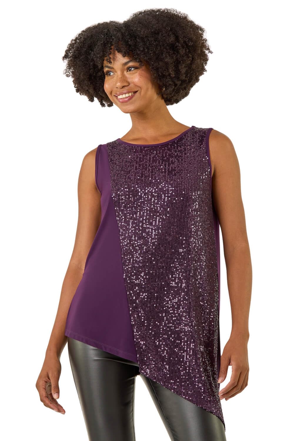 Roman Women's Purple Sequin Asymmetric Stretch Vest
