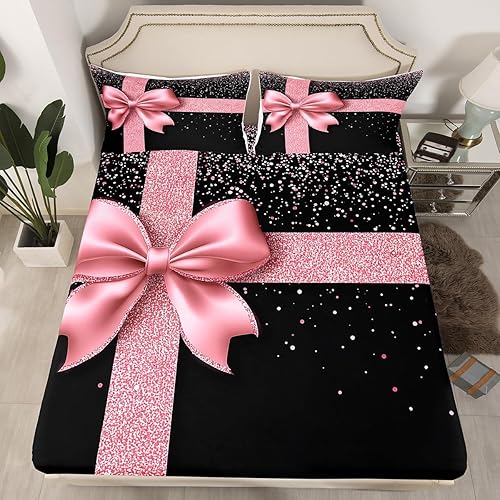 Miniatura 4 de Juego de sábanas de microfibra con lazo rosa, tamaño Queen, con purpurina rosa, para decoración de dormitorio de adultos, juego de ropa de cama de