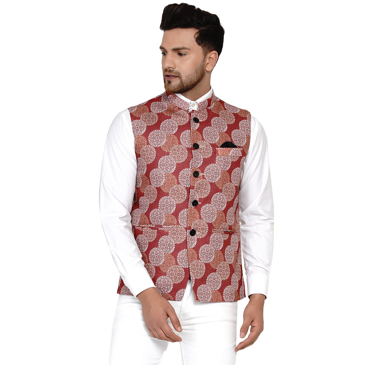 veera paridhaan Men's Cotton Printed Nehru Jacket (Maroon)-picture-34