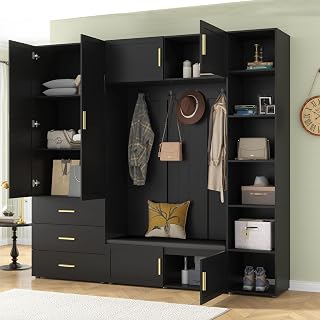 LUMISOL 4-in-1 Hall Tree with Padded Bench & Shoe Storage, Antique Black