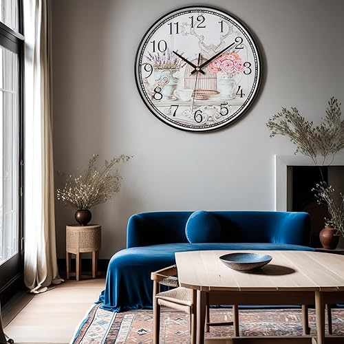 Miniatura 4 de MOVEBEST Reloj de pared retro de 12 pulgadas redondo de cristal silencioso sin garrapatas flor rosa patrón decorativo sala de estar reloj de pared
