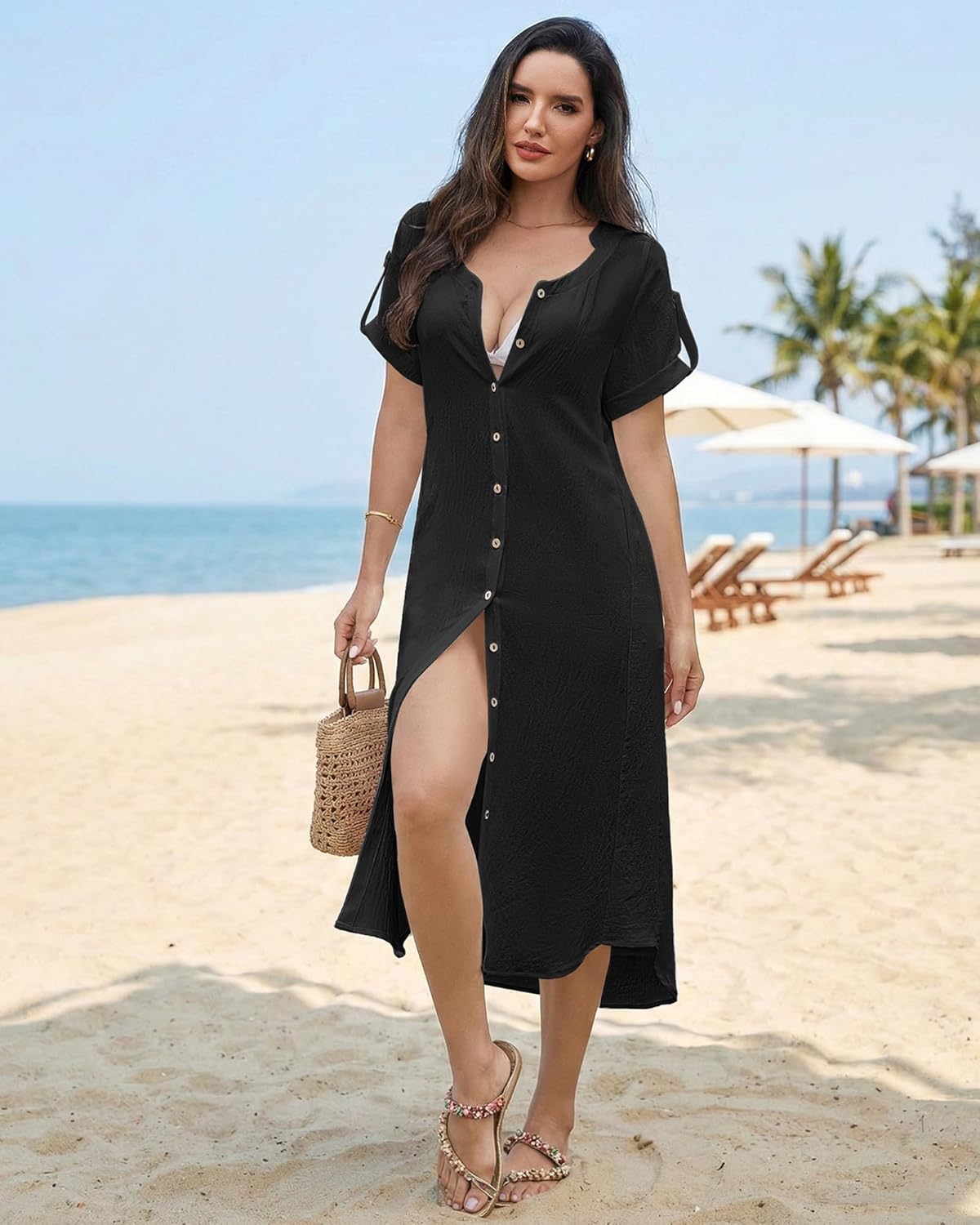 Bsubseach Womens Swimsuit Coverup Button Down Casual Summer Dress Bathing Suit Cover Up Long Kimonos Cardigans with Pockets - Image 2