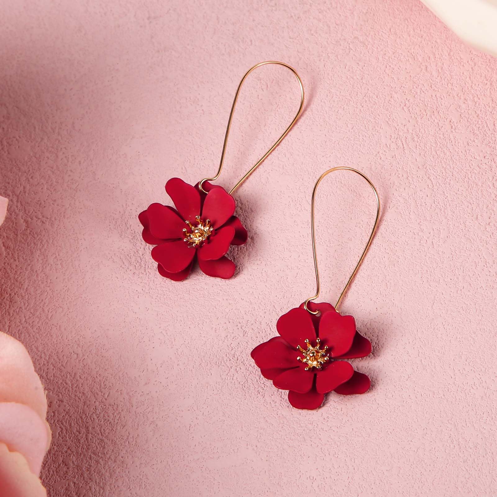 Pendientes Colgantes Flores Pétalos Florales Hada Margaritas Mujer Joyería Bohemio Rojo