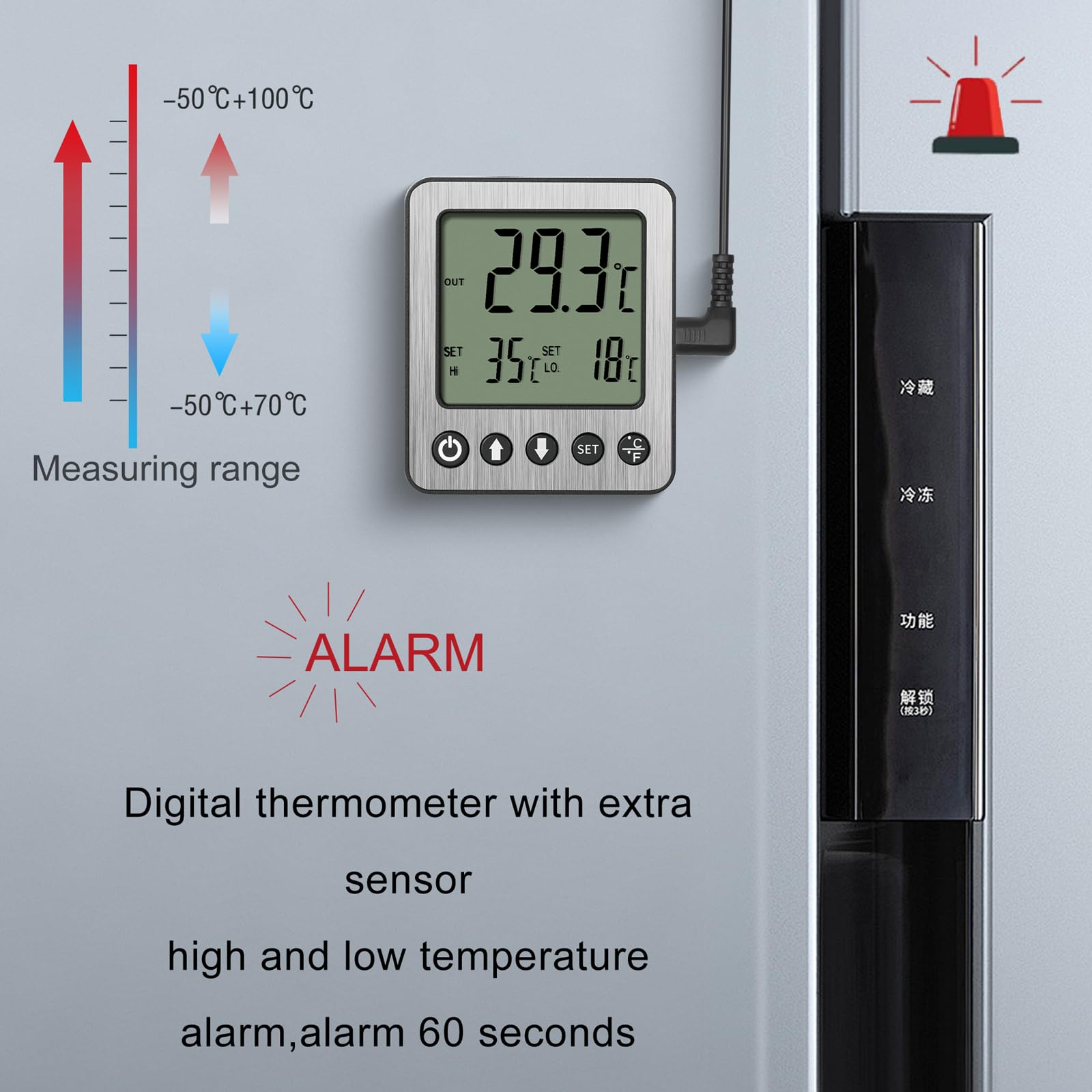 2 termometri per frigorifero, congelatore, allarme, termometro digitale per congelatore, termometro con sensore extra per allarme alta e bassa temperatura (2, nero, ZZ10)
