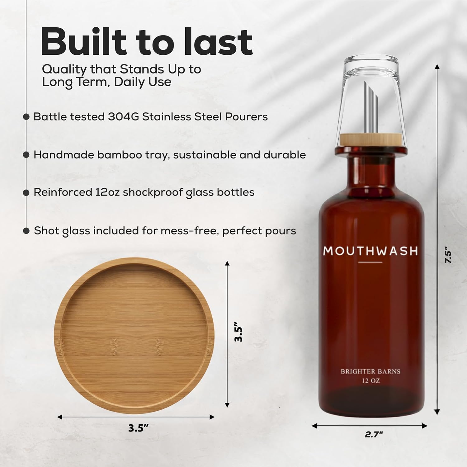 Amber Glass Mouthwash Dispenser for Bathroom by Brighter Barns - Refillable Mouthwash Container and Glass Cup - Modern Mouth Wash Dispensers for Bathroom - Boho Decor for Office, Airbnb, Hotel (Amber) - Image 2