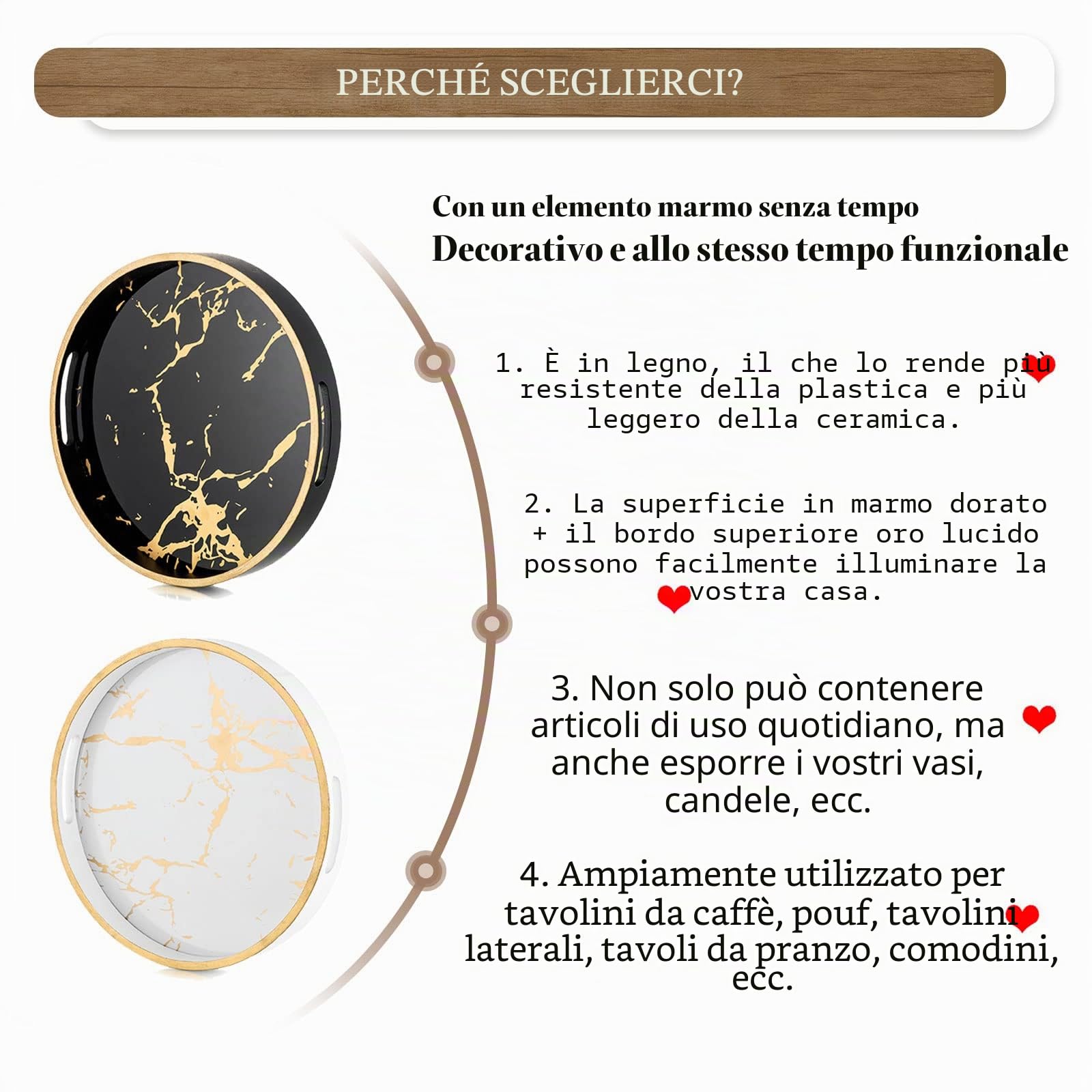 Hanobe Vassoio rotondo decorativo da caffè: vassoio circolare con manici, motivo marmo, vassoio per tavolino da caffè, per soggiorno, bar, bevande, feste, casa, cucina, bianco | Bordo dorato e ampio bordo rialzato, vassoio da 30 cm per esporre candele, pi