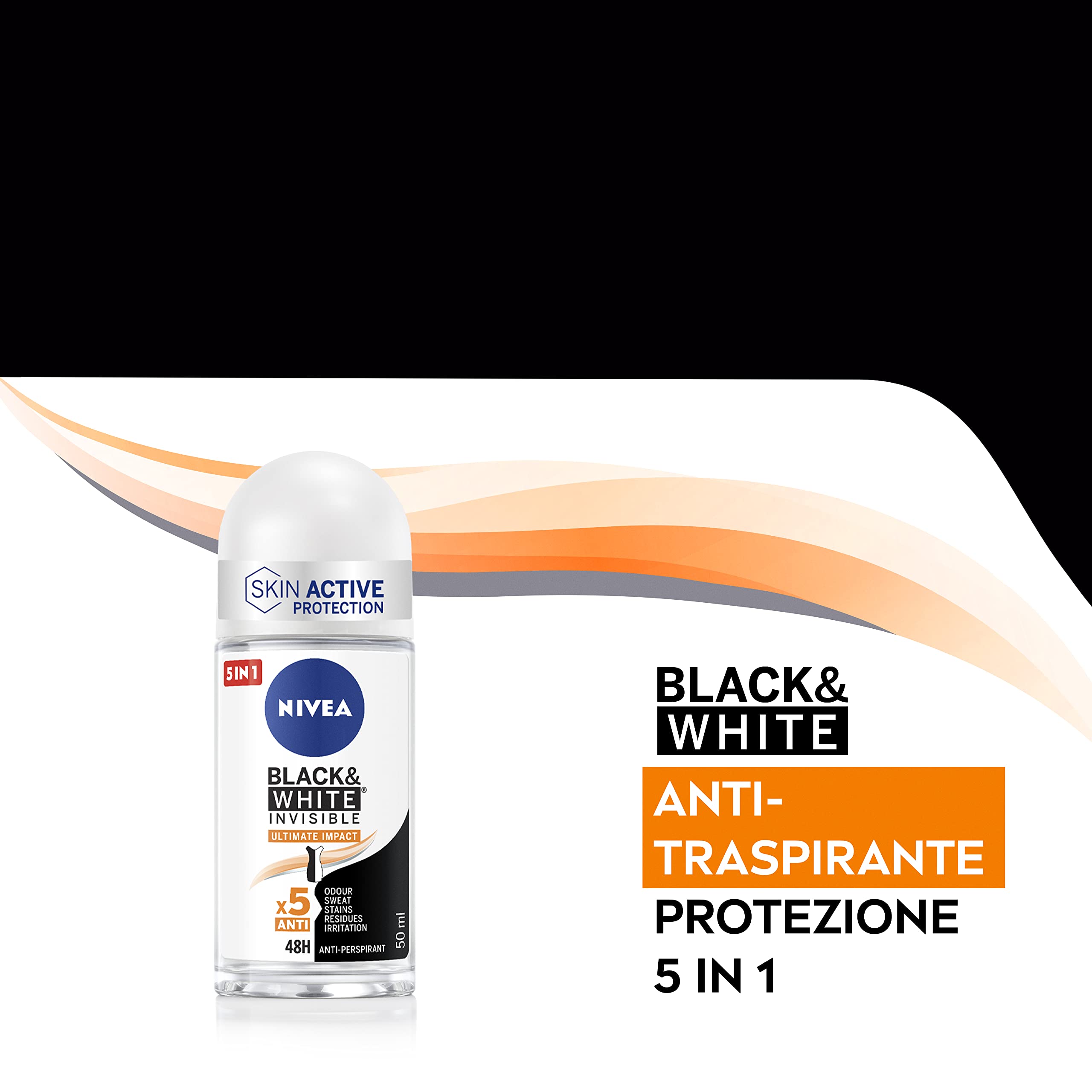 Nivea Black & White Invisible Ultimate Impact Deodorante Roll-On Antitraspirante 48h SkinActive Protection Senza Alcol Contro Cattivi Odori Sudore Macchie Residui Irritazioni - 8 Flaconi da 50ml