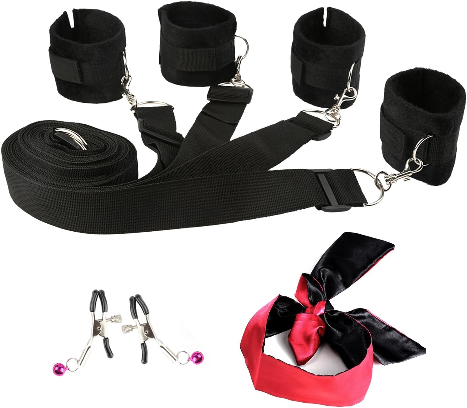 Bed Restraints Kit with Adjustable Fur Leather Wrist,Soft-touch blindfold and Tongs for Cosplay