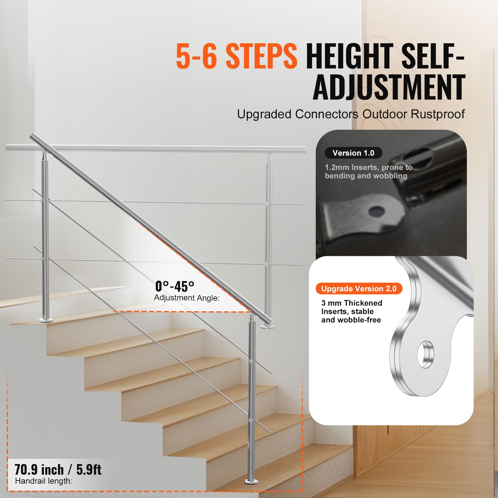 VEVOR Corrimano per Gradini Esterni, Kit Corrimano per Scale 2 Traverse 180 cm Lunghezza, Ringhiere Transizione Acciaio Inox Kit Installazione, Corrimano Scale Doppia Colonna per Veranda e Terrazza
