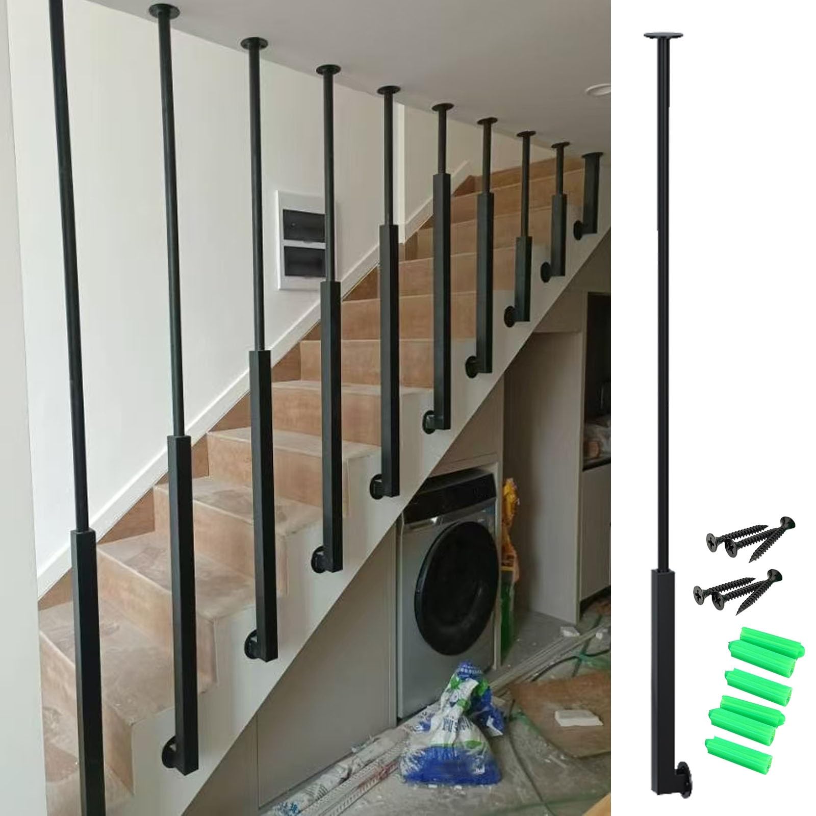 Ringhiera Per Scale Ringhiera Per Scale Con Balaustre A Montaggio Laterale Con Viti, Ringhiera Nera Preassemblata, Ringhiera Per Scale In Metallo Per Interni Con Sicurezza Antiscivolo(96"/243.84cm)