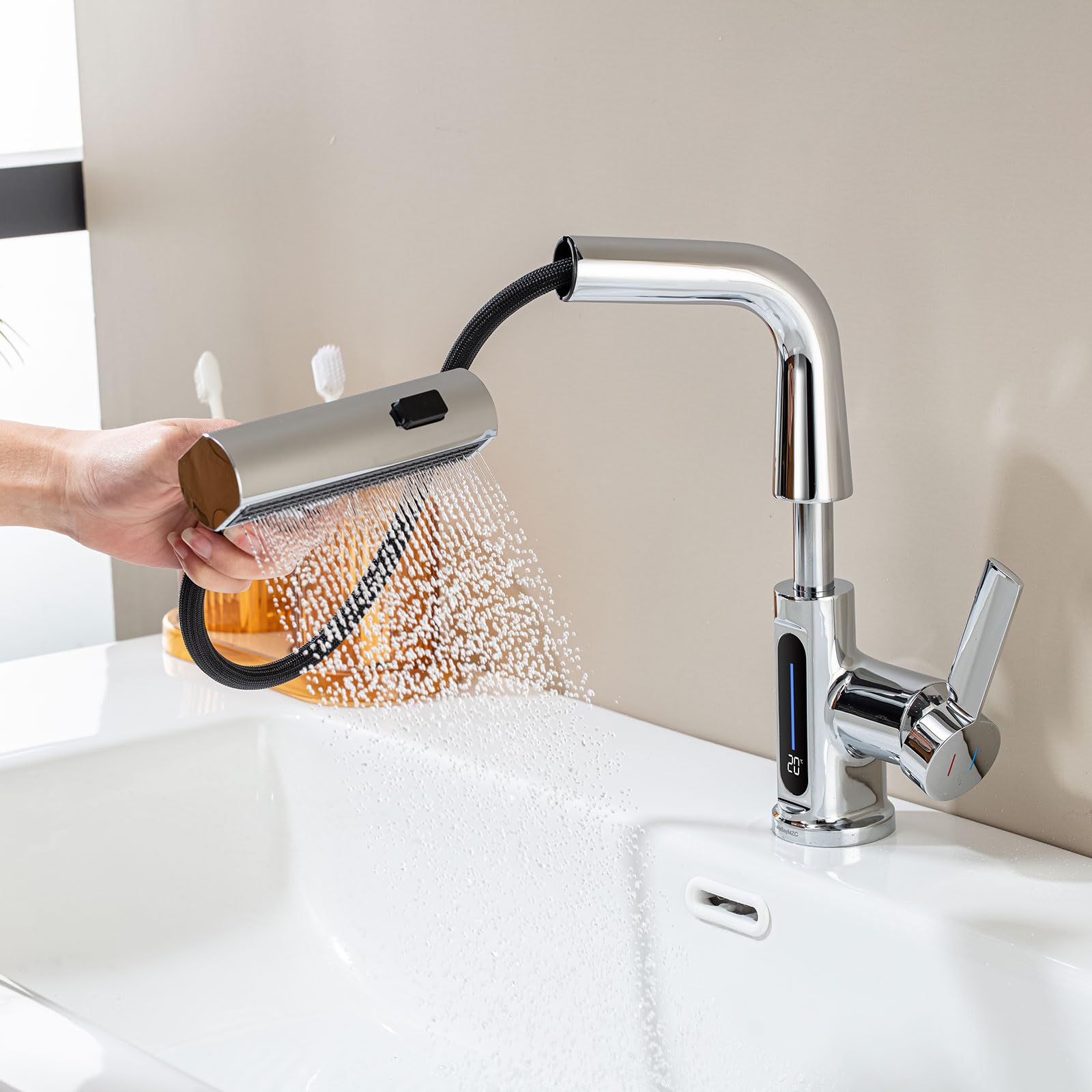 Grifo de Baño Extraible con Temperatura LED, 3 Modos de Salida Agua Cromado | Grifo Lavabo Ducha Grifos Monomando Apto Para Fregadero de Encimera, Aireador Extraíble, Agua Fría y Caliente, Cromado
