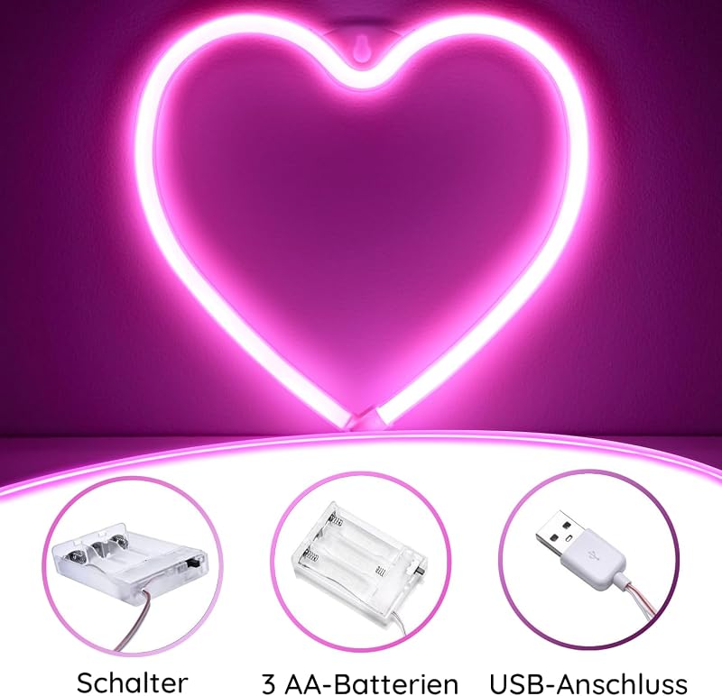 NELUX Szív és Love LED Neon Fali Dekoráció Szett - USB/Elemes Működés, Hálószobába, Valentin-napi Ajándék, Szilikon Anyag, 30.000 Órás Élett
