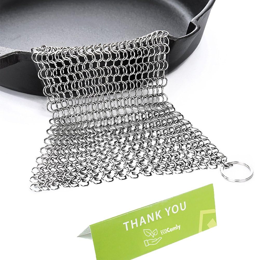 EcoComely Cast Iron Cleaner Stainless Steel 8x6 Large Chainmail Scrubber for Lodge Cast Iron Skillet, Dutch Oven, Griddle, Grill Pan, Cookware & Pot. Tired of Dirty Sponges? Try Cast Iron Scraper!