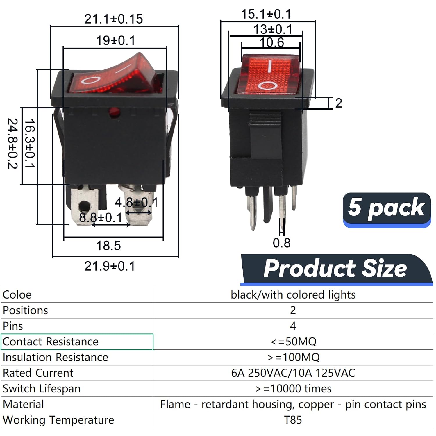 5 Pack Mini Rocker Switch, On-Off Power Switch Red Button 4 Pin Toggle Switch, LED Light Rocker Toggle for Electrical Projects Electricians