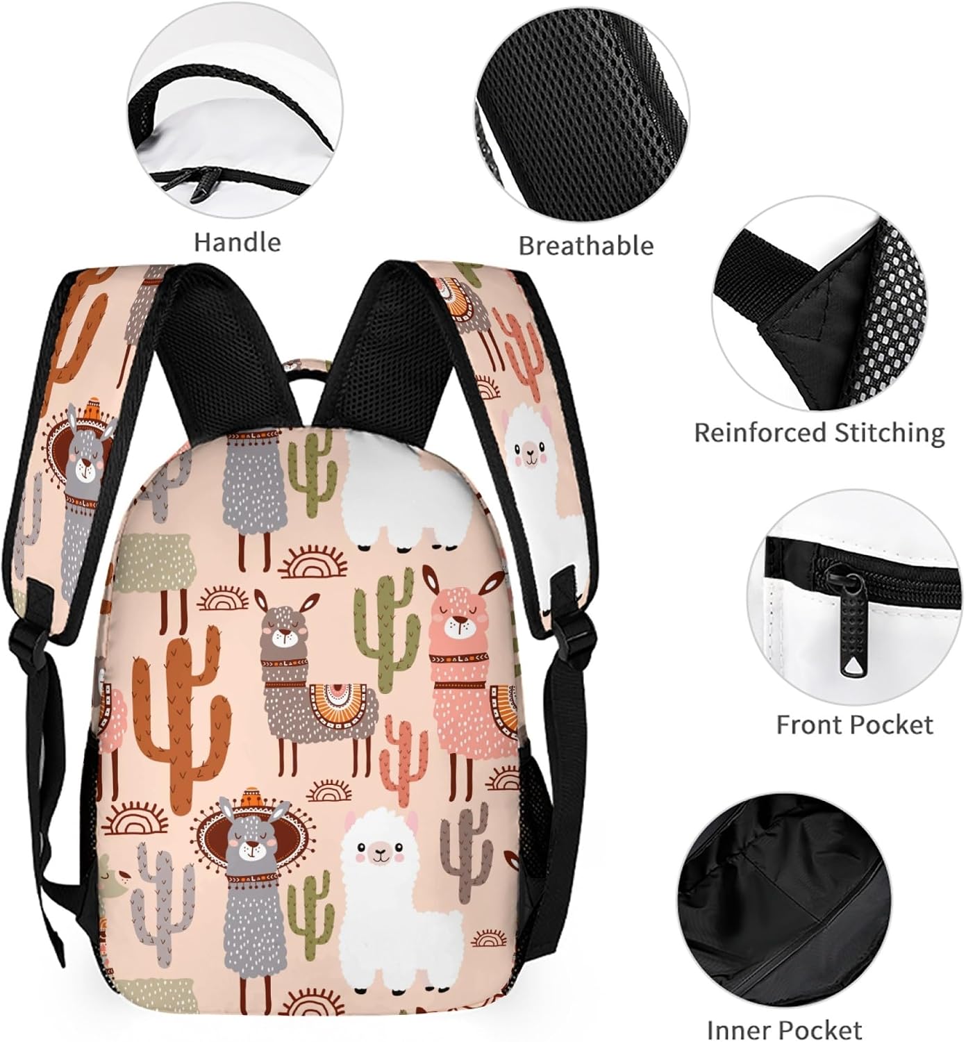 Cartoon Backpack Set Durable Bookbag with Lunch Bag Pencil Case, Lightweight School Backpack for Girls (Alpaca Llama, One Size) image 3
