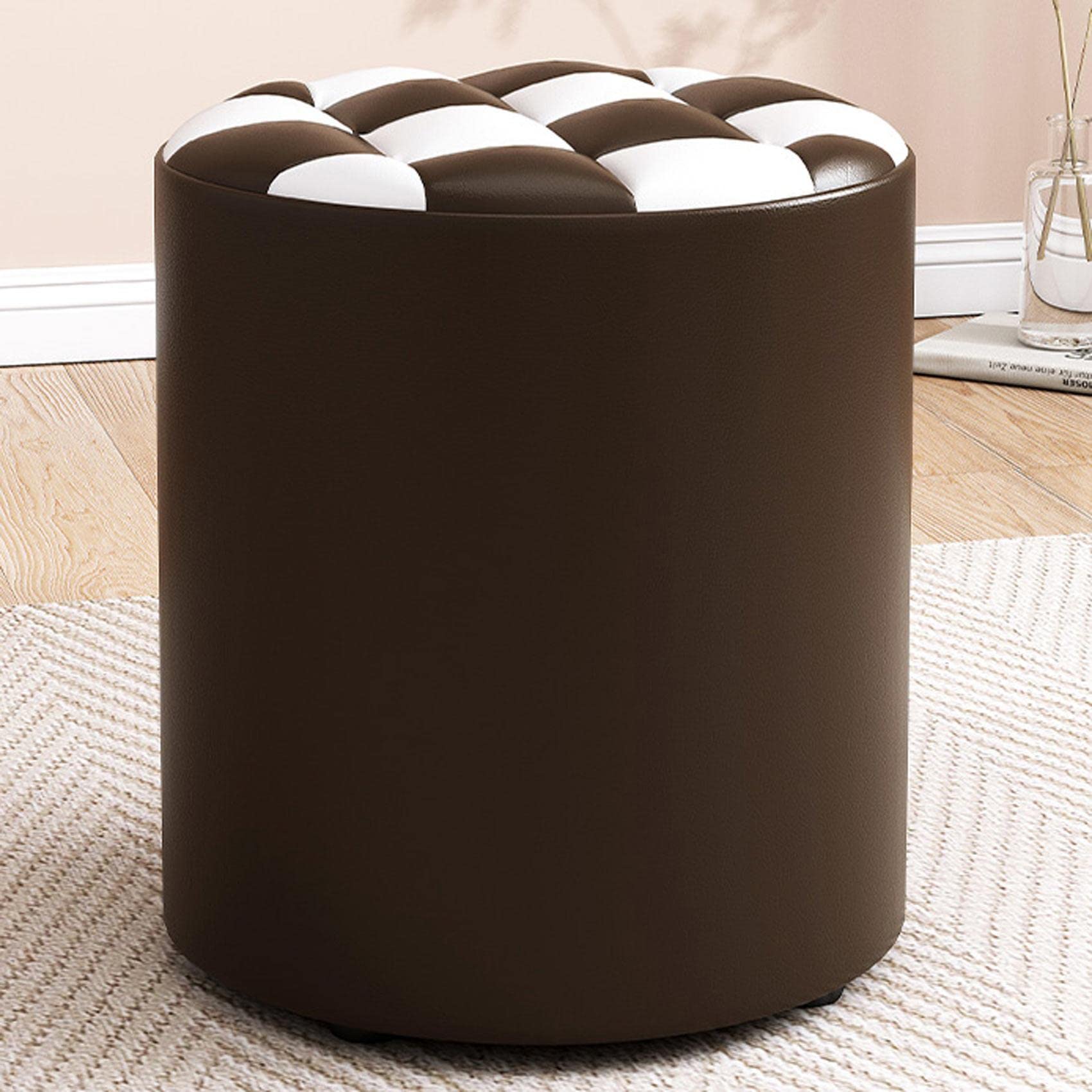 Pouf rond en cuir marron et blanc 31x35 cm avec rangement