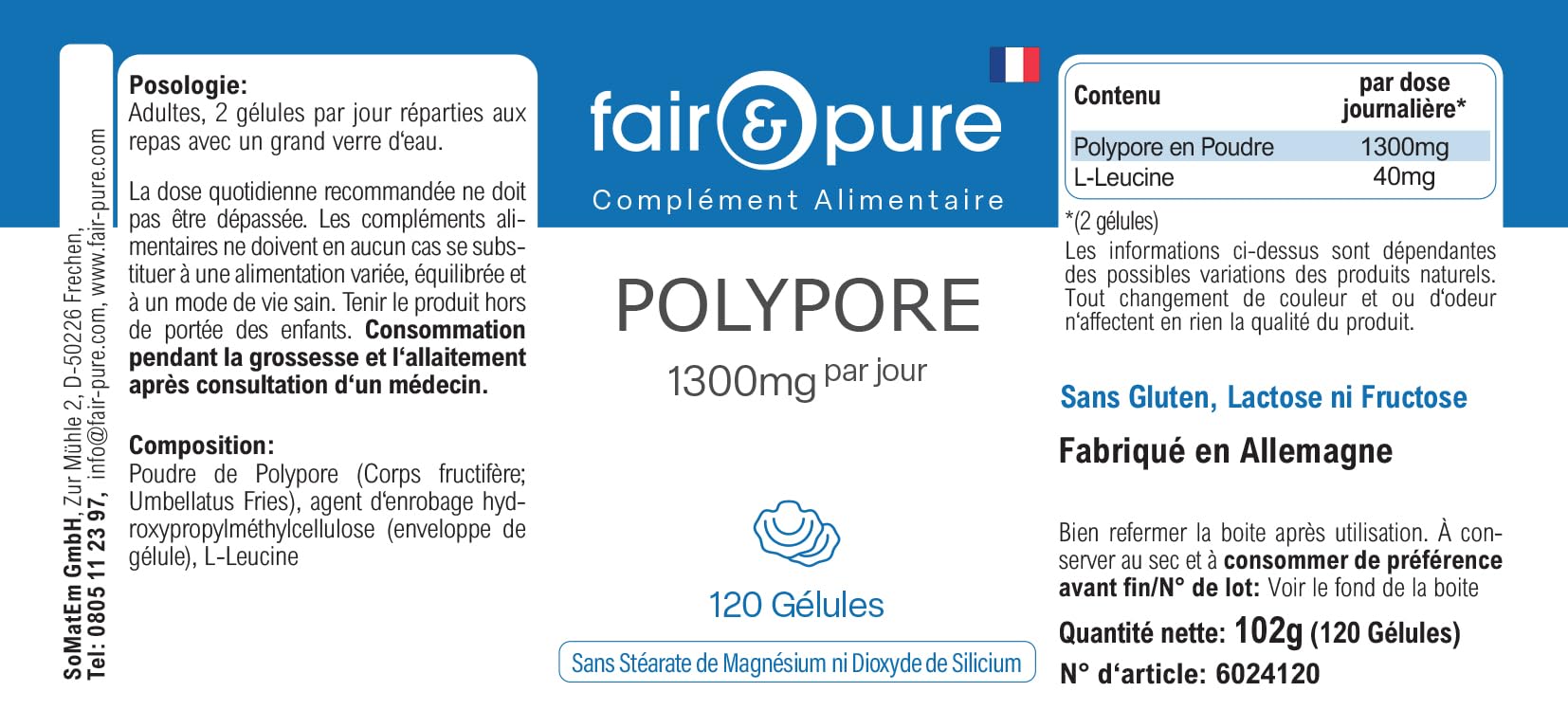 Fair & Pure® - Polyporus umbellatus - Polyporus 1300mg - Vegan - Polvere in capsule - 120 Capsule