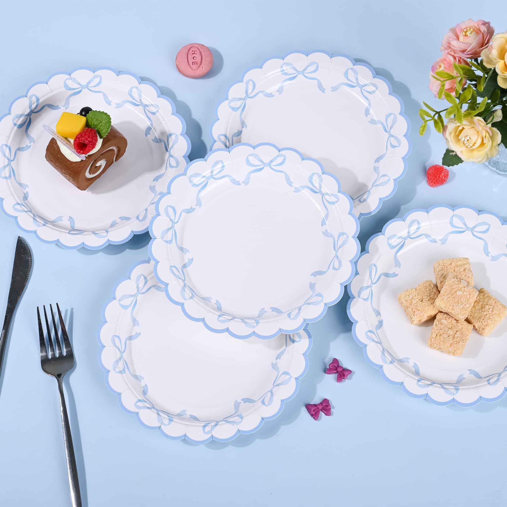 24 platos de papel con lazo azul, platos desechables para fiesta, lazo festoneado de 7 pulgadas, plato de postre para cumpleaños, novia, baby shower, vajilla de decoración de mesa