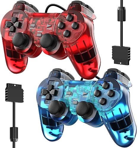 Degulan Wired Controller for PS-2 High Performance Double Shock Gamepad Joystick Remote Compatible with Play 2 (Clear Red and Clear Blue)