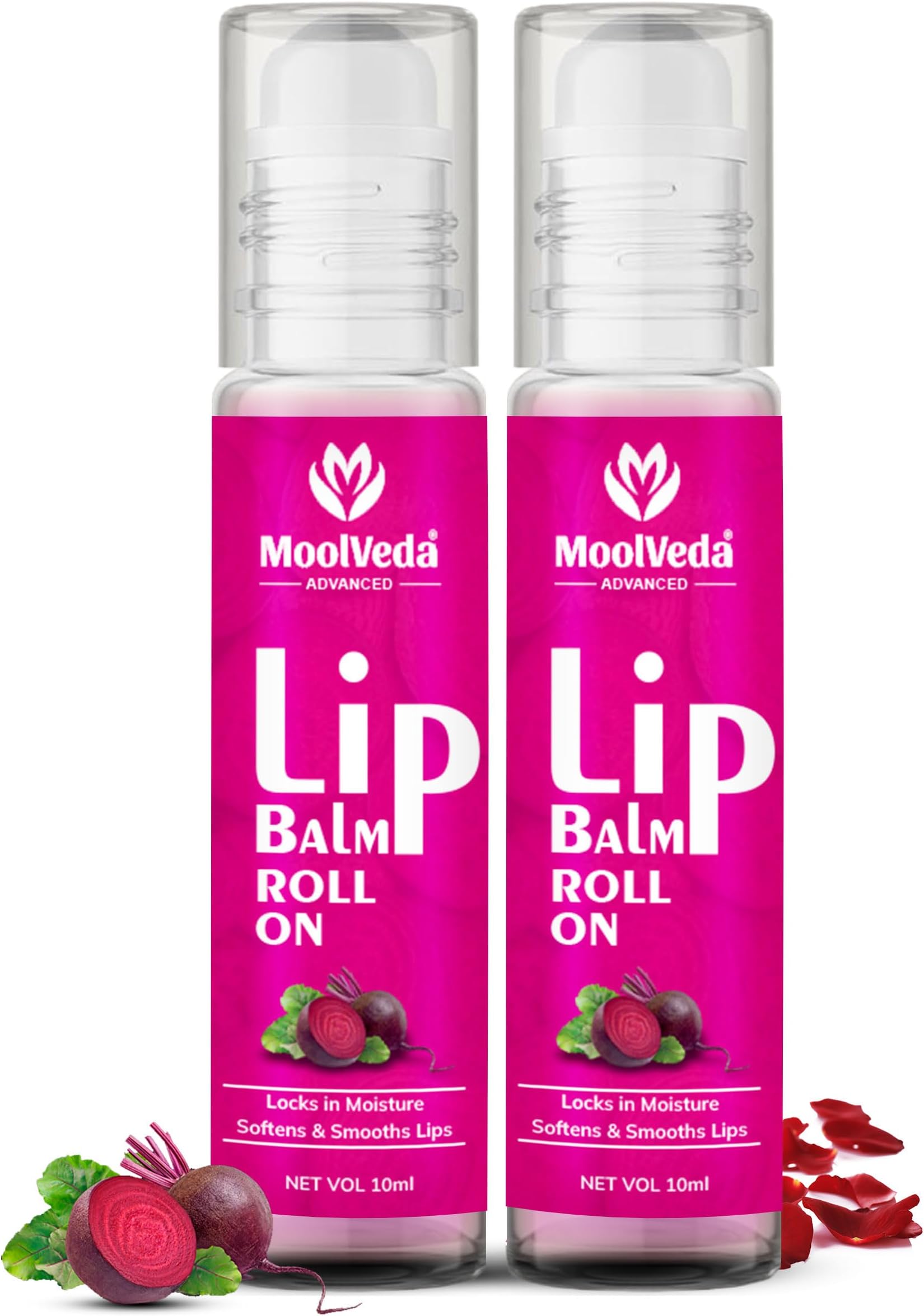 Moolveda Lip Balm Roll on with beetroot rose & edible ingredients & no chemicals, Pack of 2, 10ml Pink