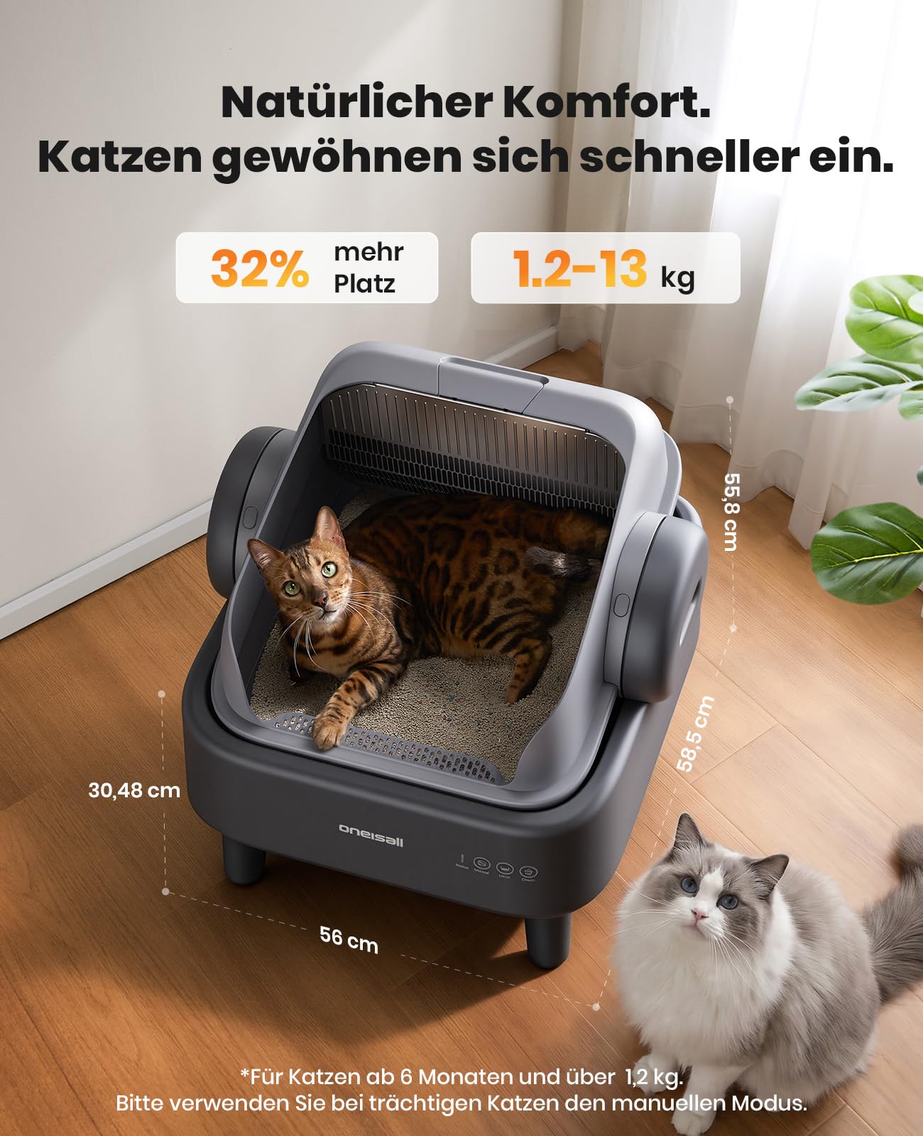 oneisall katzenklo selbstreinigend automatisch offen XXL große Katzen, katzenklo mit EaseClean™ System, selbstreinigende katzentoilette Auto und Manuelle Modi, Ink. katzenklomatte und 40beutel