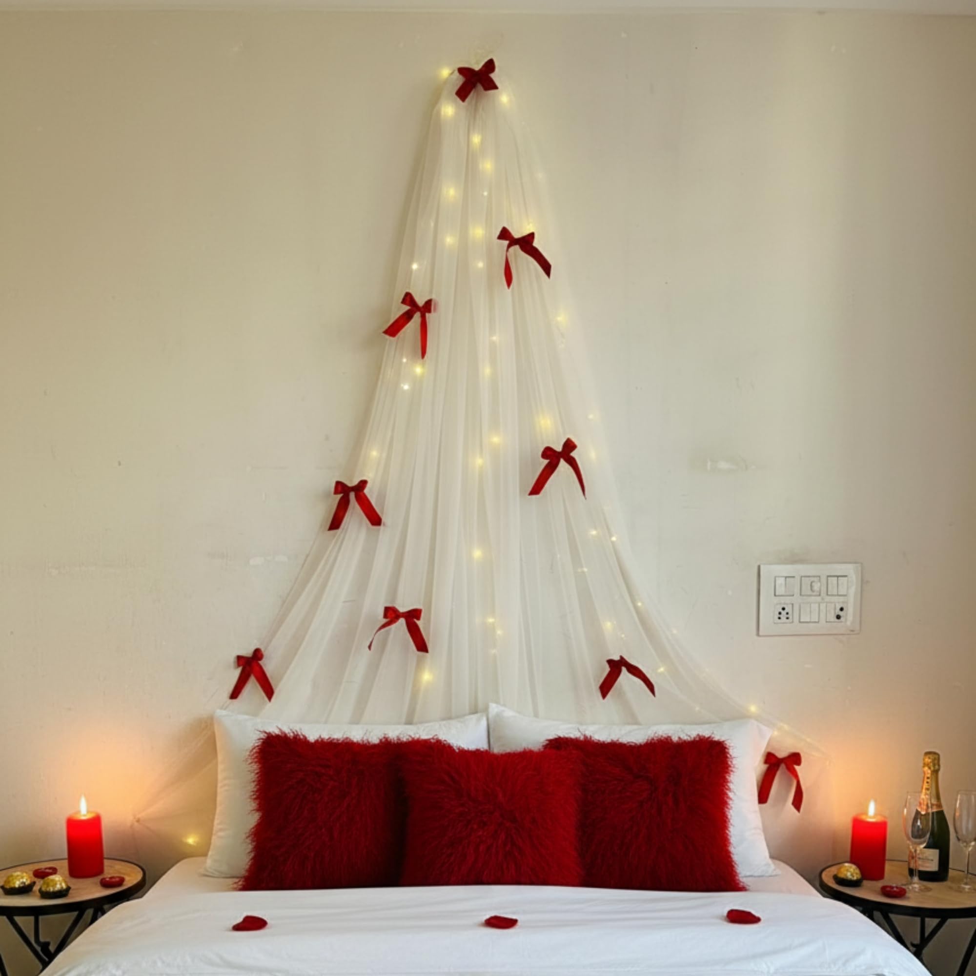 Romantic White Net Canopy Decoration with 15 Red Satin Bows | Valentine Date Night Home Decor Setup | Soft Net Draping with Hook & Double Tape-image-11