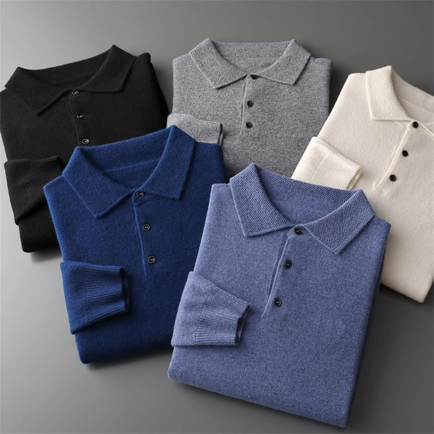 Alloaone Men's Polos Wool Sweater Three-Button Loose Business Casual Warm Long-Sleeved Cashmere Knitted Shirt