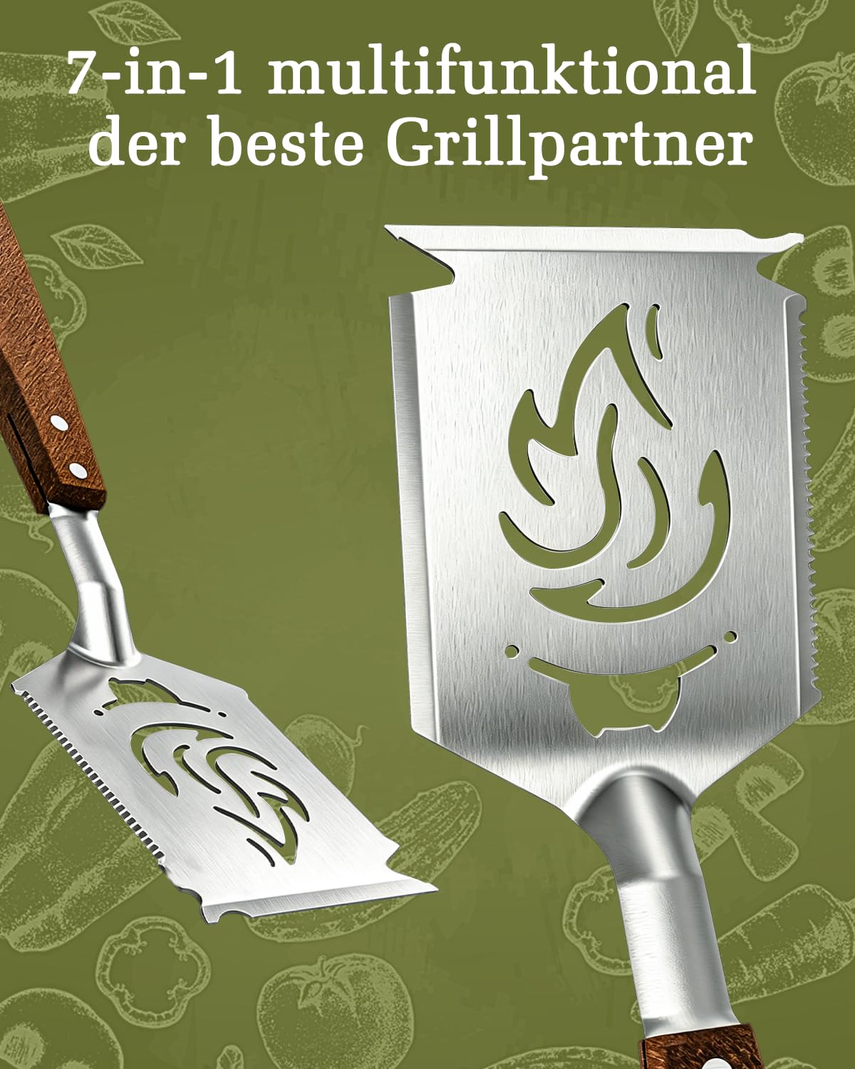 7-in-1 Grillspachtel mit Holzgriff, Multifunktion Grillwerkzeug für BBQ & Camping, Funktionen des Grillwerkzeug-Sets, Kreativer Grillwender, Grillen Geschenke für Männer, Vatertagsgeschenk