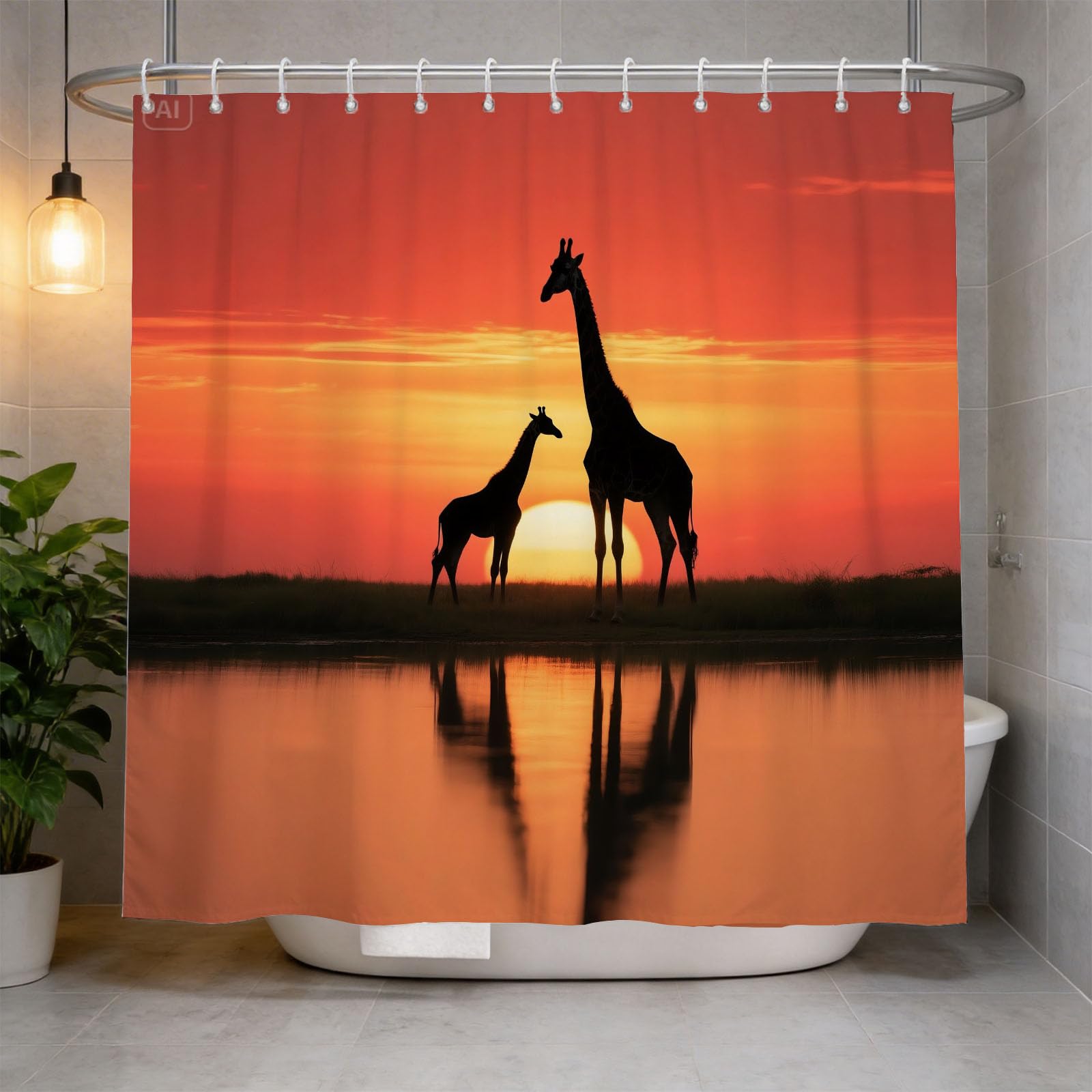 Hongduo 3D Giraffe Silhouette Shower Curtain for Stalls Bathtubs Sunset Silhouette Bathroom Decor Shower Curtain Set Polyester Fabric Waterproof 180x180cm/71X71 Inch with Hooks