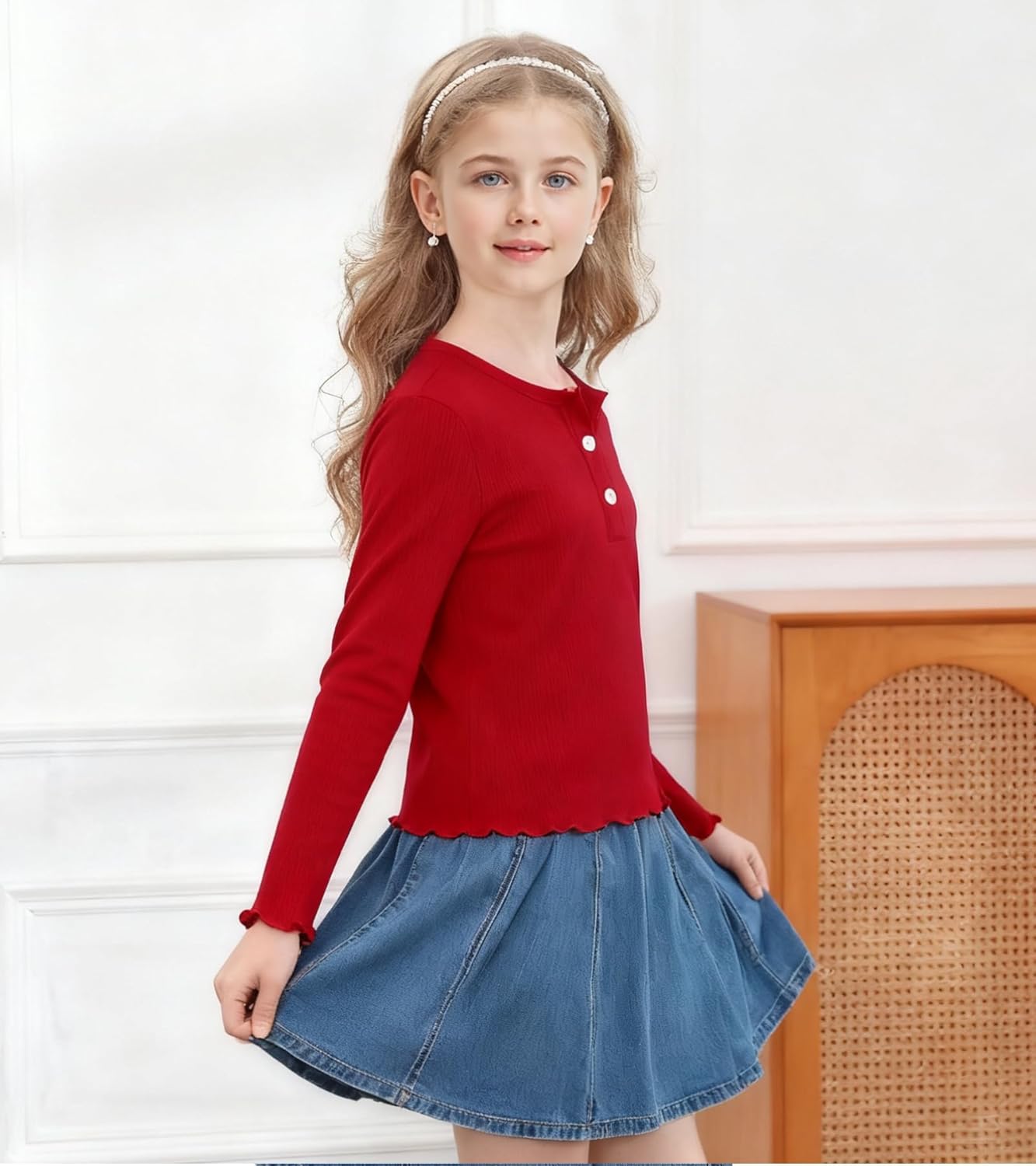 Girls Long Sleeve Shirts Henley Ribbed Knit Slim Base Tops Pullover Sweaters 6-12 Years - Image 3
