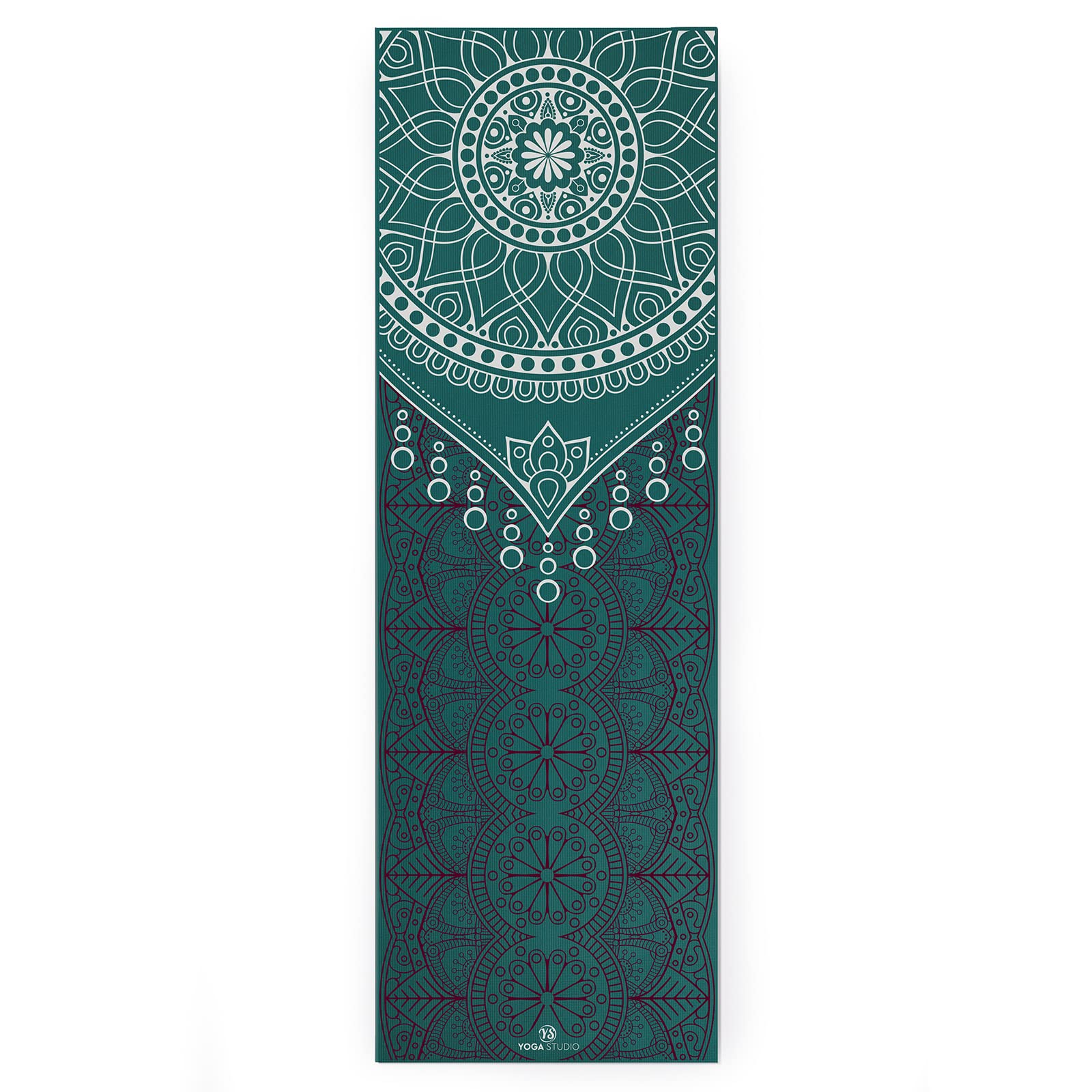Yoga Studio Esterilla de yoga diseñada – 183 cm x 61 cm, tapete de yoga antideslizante de 6 mm, tapete de PVC a prueba de desgarros (verde azulado gota de rocío Mandala)