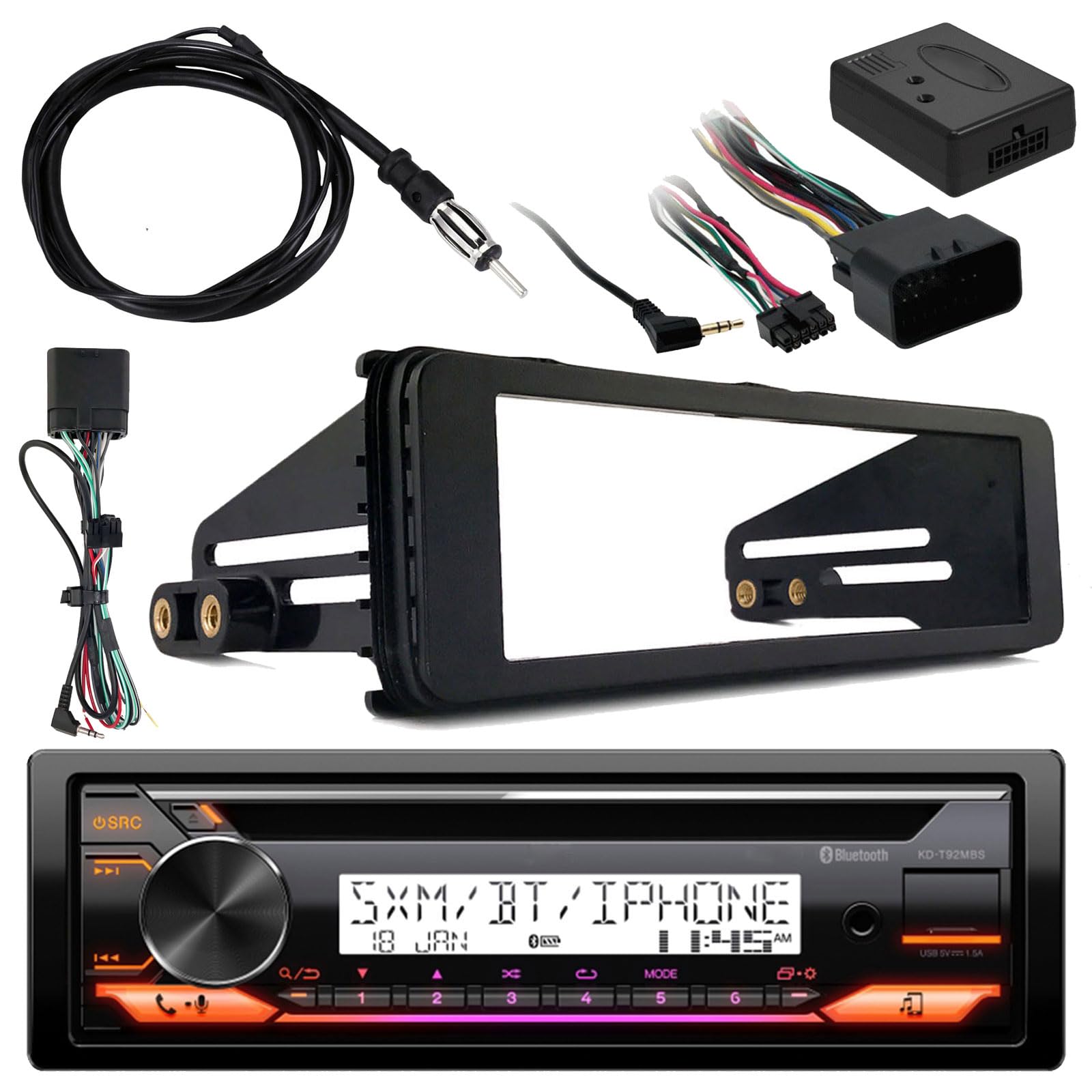 JVC Marine Radio Stereo Bluetooth Receiver Bundle with Adapter Install Dash Kit, Handle Bar Control, Enrock Wire Antenna For 1998-13 Harley Davidson Motorcycle Touring Flht Flhx Flhtc