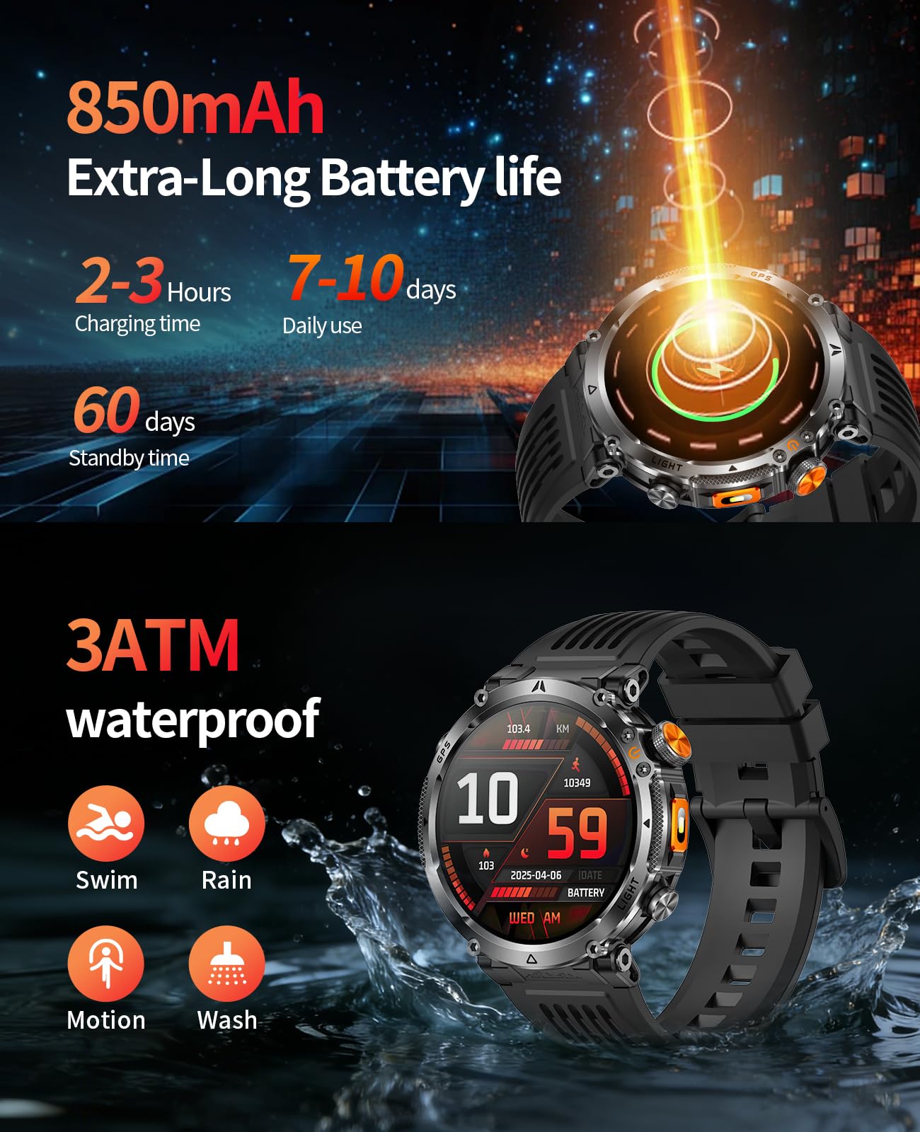 Orologio sportivo GPS da uomo, con schermo HD da 1,7 pollici, torcia a LED, durata della batteria 850 mAh, modalità multi-sport, cardiofrequenzimetro, Bluetooth, chiamate, smartwatch militare per
