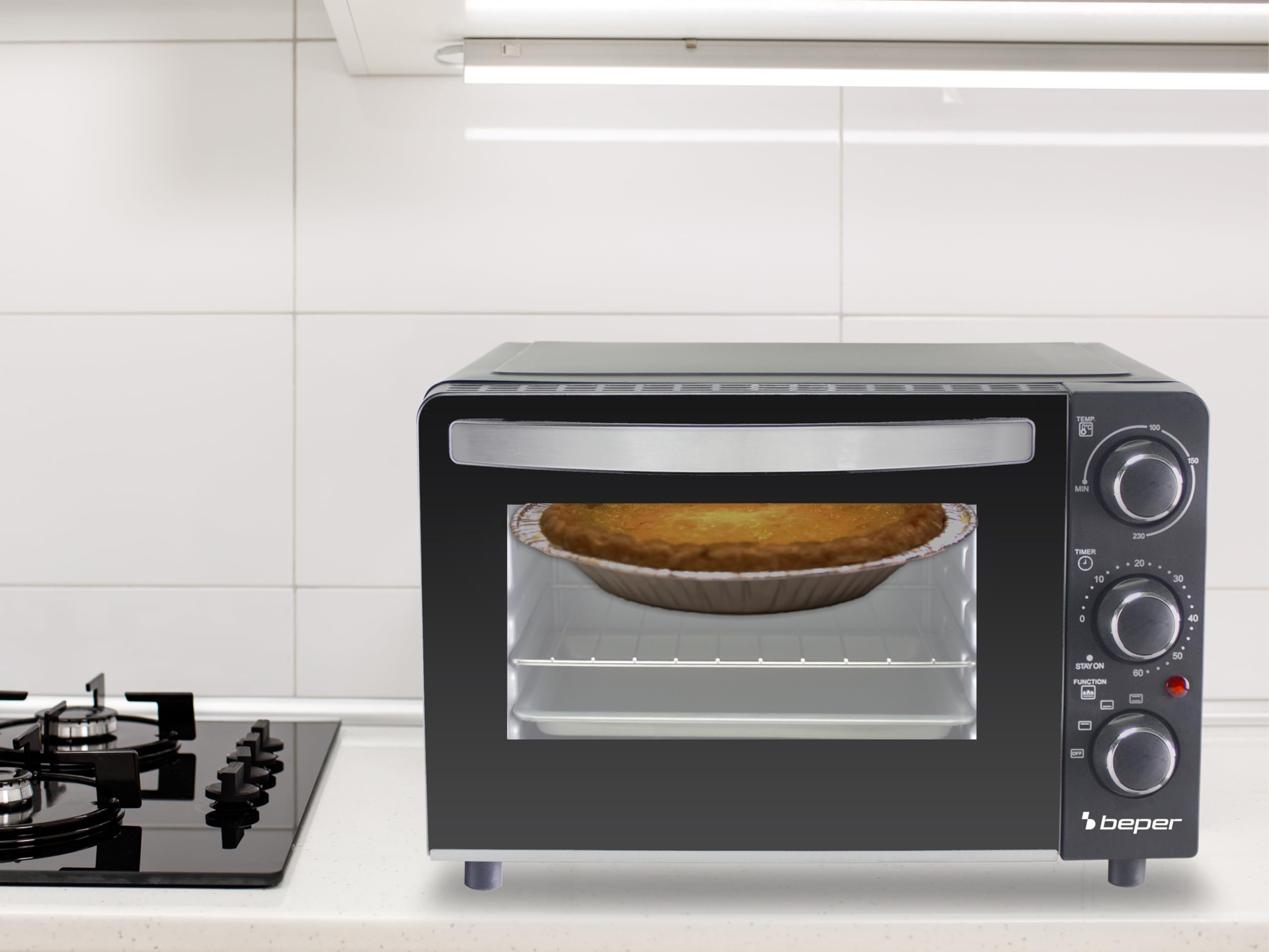 BEPER P101FOR020 Four électrique 20L, 1300W, Minuteur jusqu'à 60 min, 3 Types de cuisson, Accessoires inclus, Température jusqu'à 230°