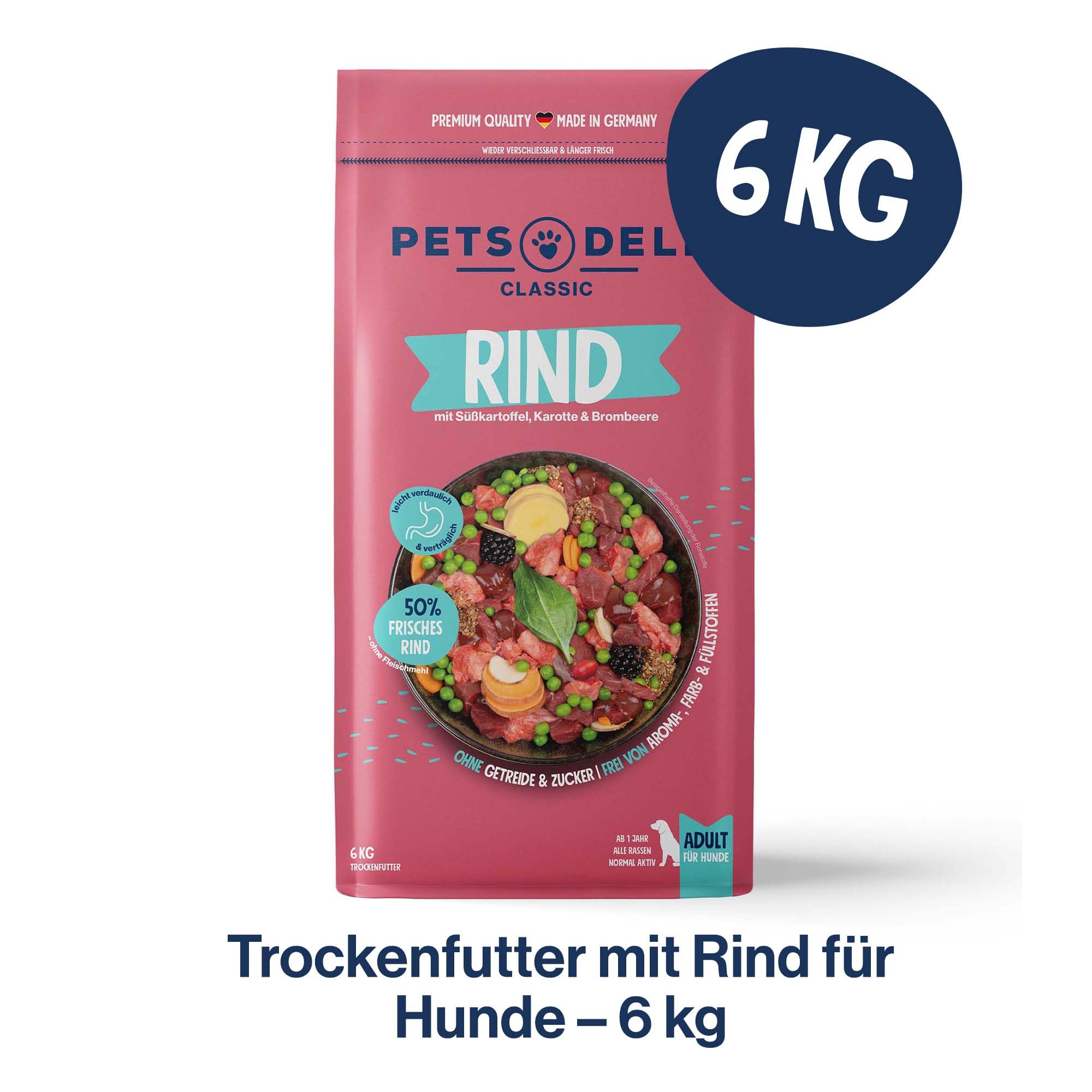 Pets Deli Trockenfutter für Hunde Rind mit Süßkartoffel, Karotte & Brombeere - ohne Zucker und Gluten, 6kg